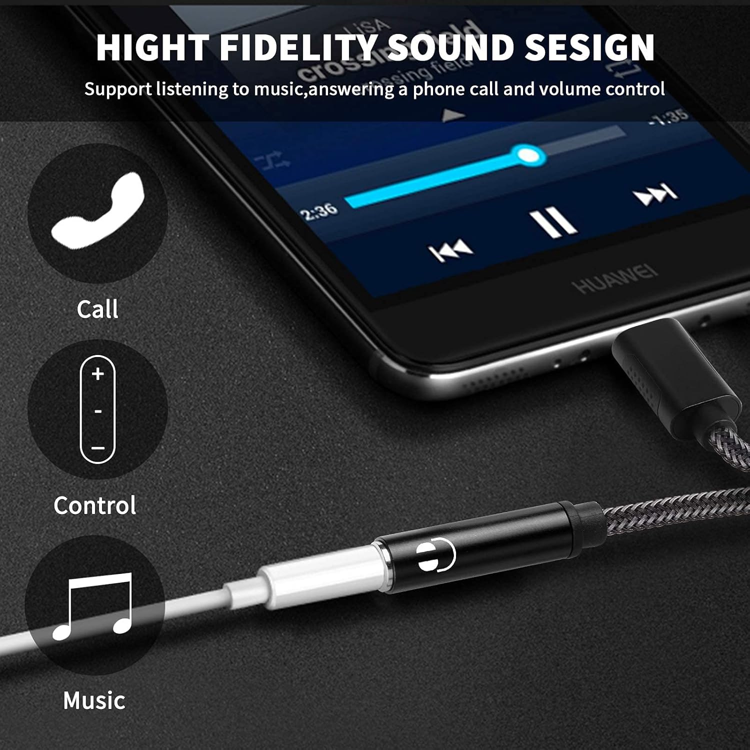 ACAGET Adaptador de auriculares USB C a 0.138 in, convertidor de conector de audio USB tipo C, chip DAC, cable trenzado, adaptador de auriculares