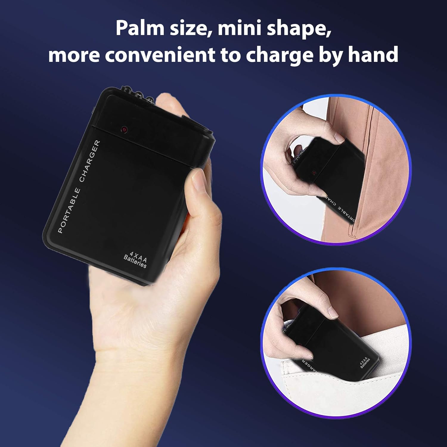 El cargador de viaje de batería AA portátil funciona para Samsung SM-A320F y recargador de emergencia con luz LED. Toma 4 pilas AA, USB-C) Negro