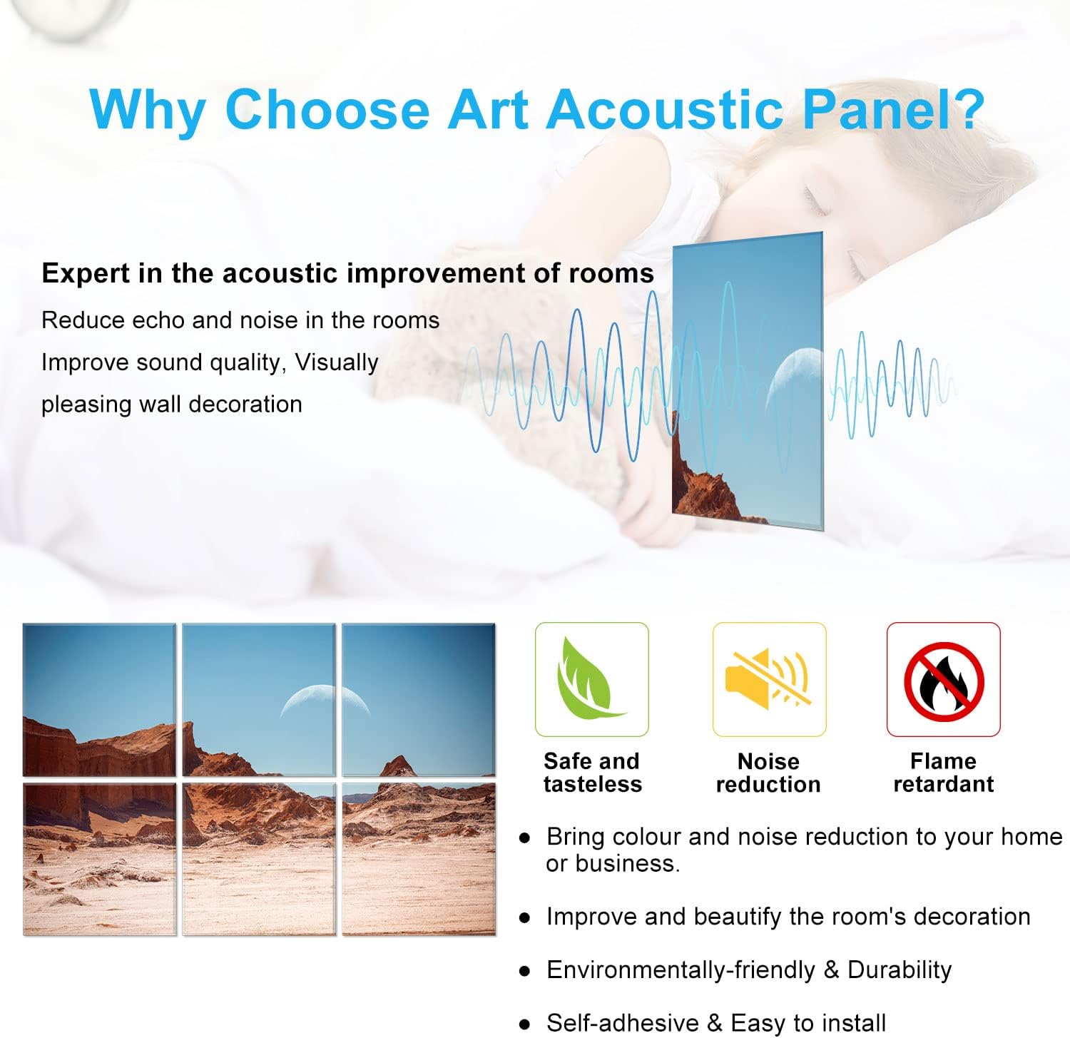 JBER Paneles acústicos artísticos decorativos, paquete de 6 paneles acústicos artísticos para decoración de pared con autoadhesivo, adecuados para