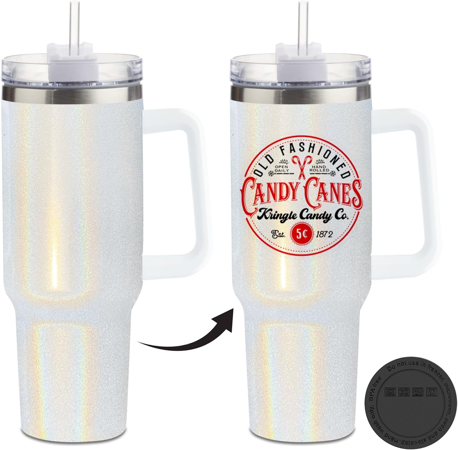Stanley Dupe – Vaso de sublimación holográfico de 40 onzas con asa y tapa de pajita, vaso de sublimación de 40 onzas con mango extraíble, vaso de