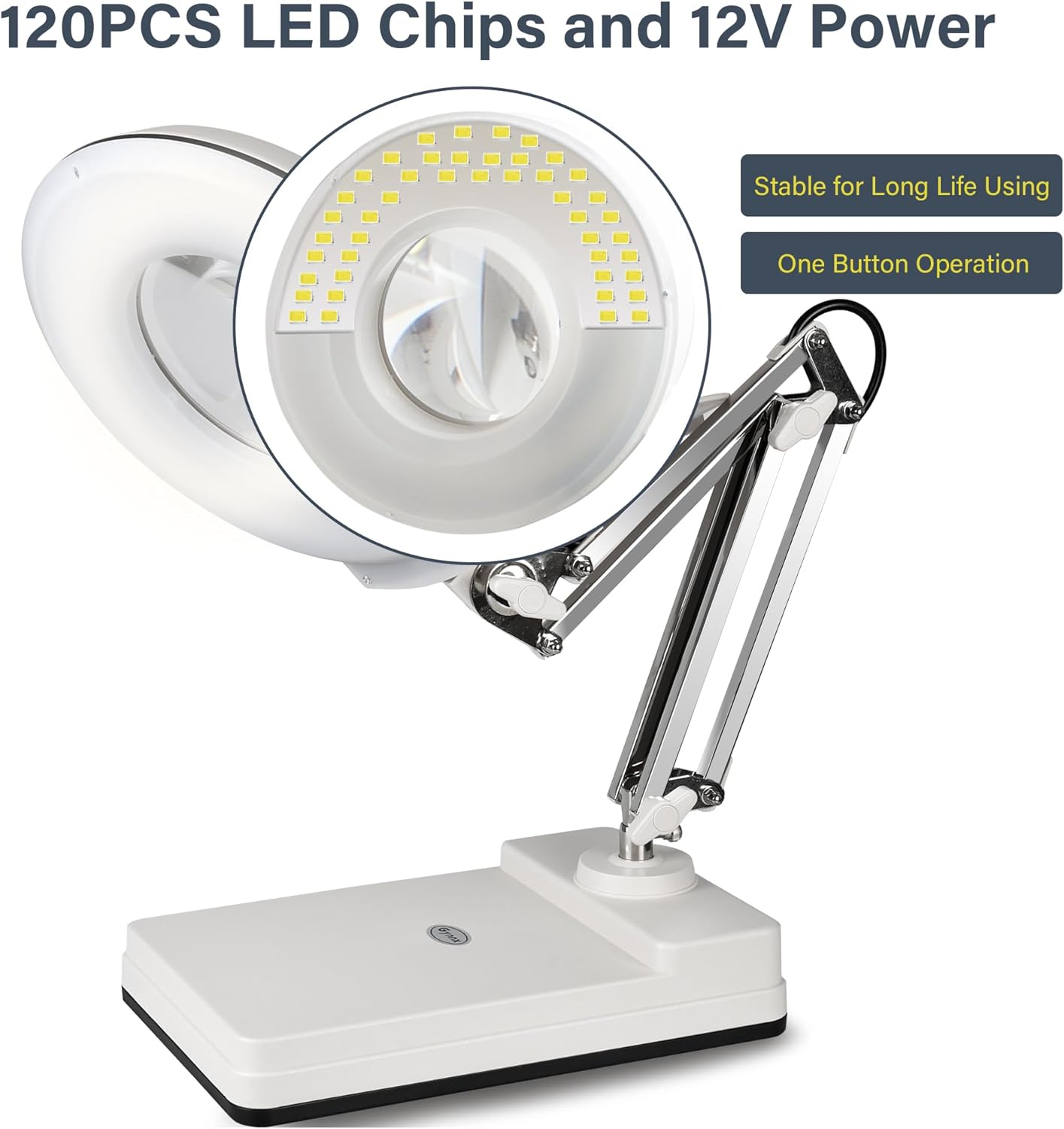Gynnx Lámpara de aumento LED, lámpara de escritorio con lupa regulable 10X, lente de lupa de 5 pulgadas con 120 LED brillantes, base de soporte