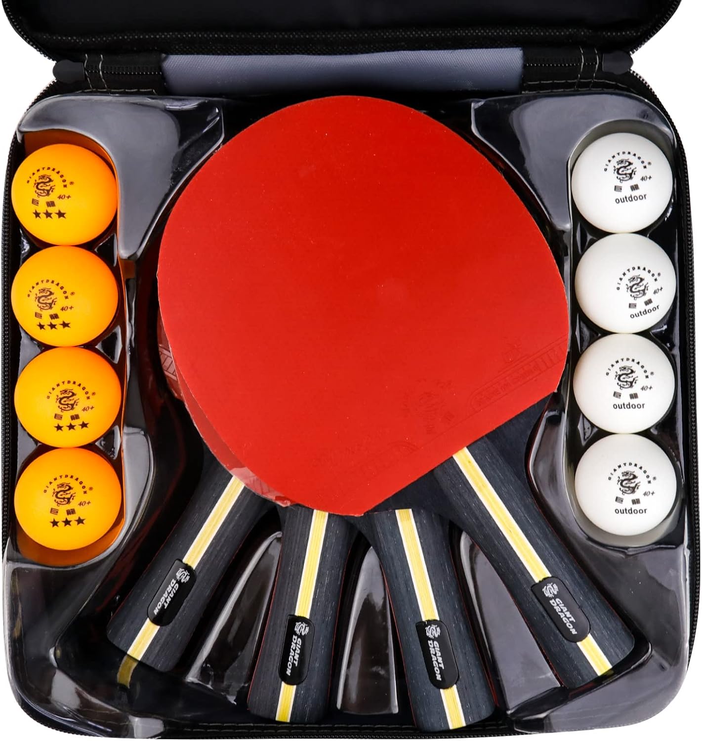 Juego de 4 palas de ping pong, palas de tenis de mesa de 5 capas con 8 pelotas y estuche de transporte, raquetas de goma de esponja suave y pelotas