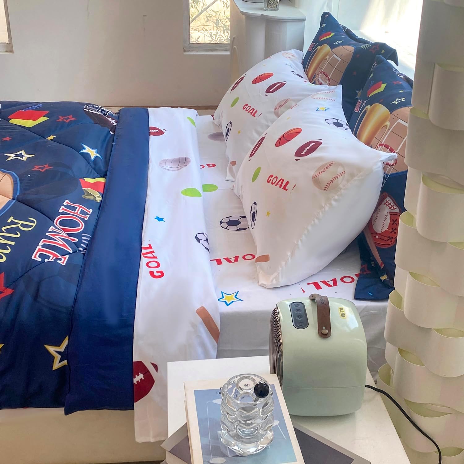 Jameswish Juego de edredón deportivo para niños, tamaño matrimonial, 7 piezas, juego de ropa de cama de baloncesto, fútbol, béisbol, para niños,