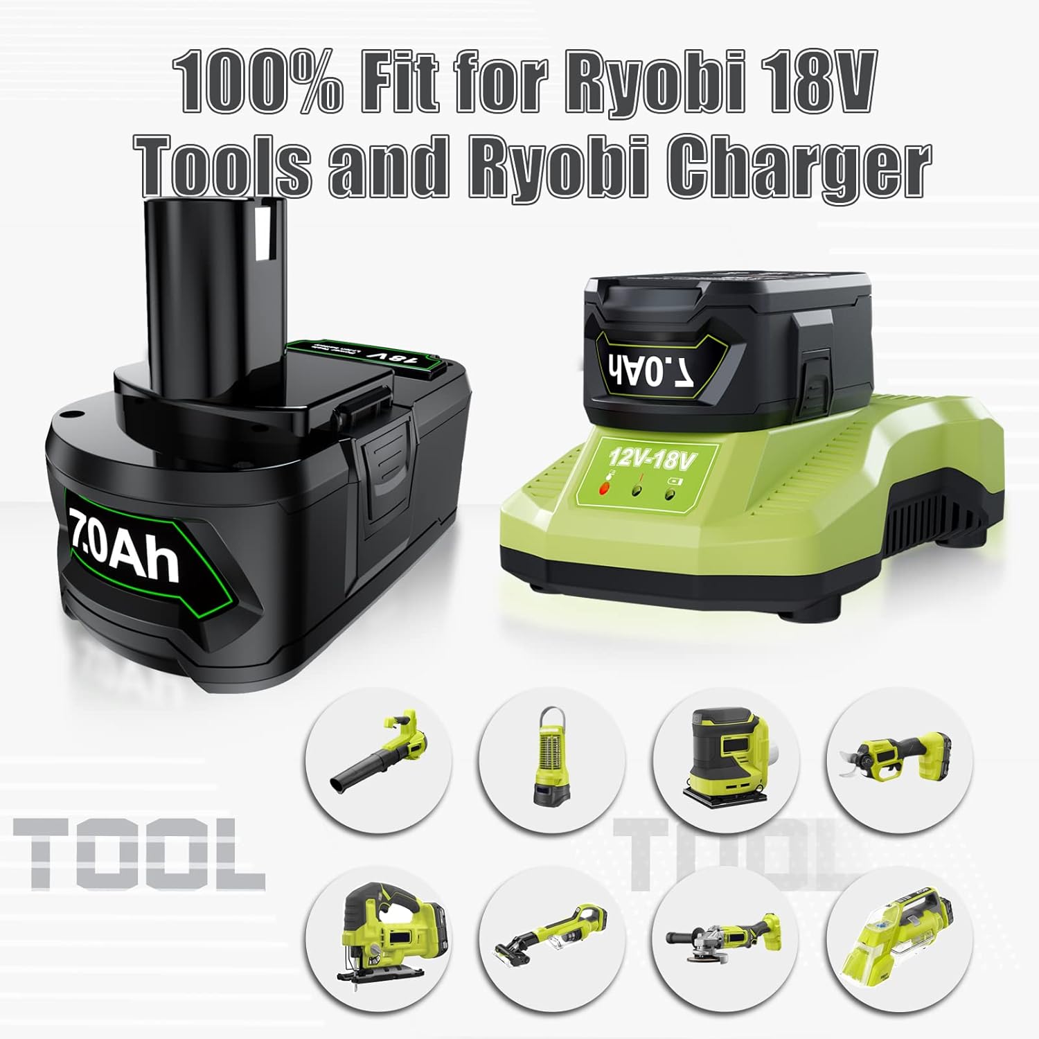 Batería y cargador actualizado de 7000 mAh P108 de 18 V y cargador para batería Ryobi de 18 V y cargador P117 compatible con Ryobi 18V ONE + P108