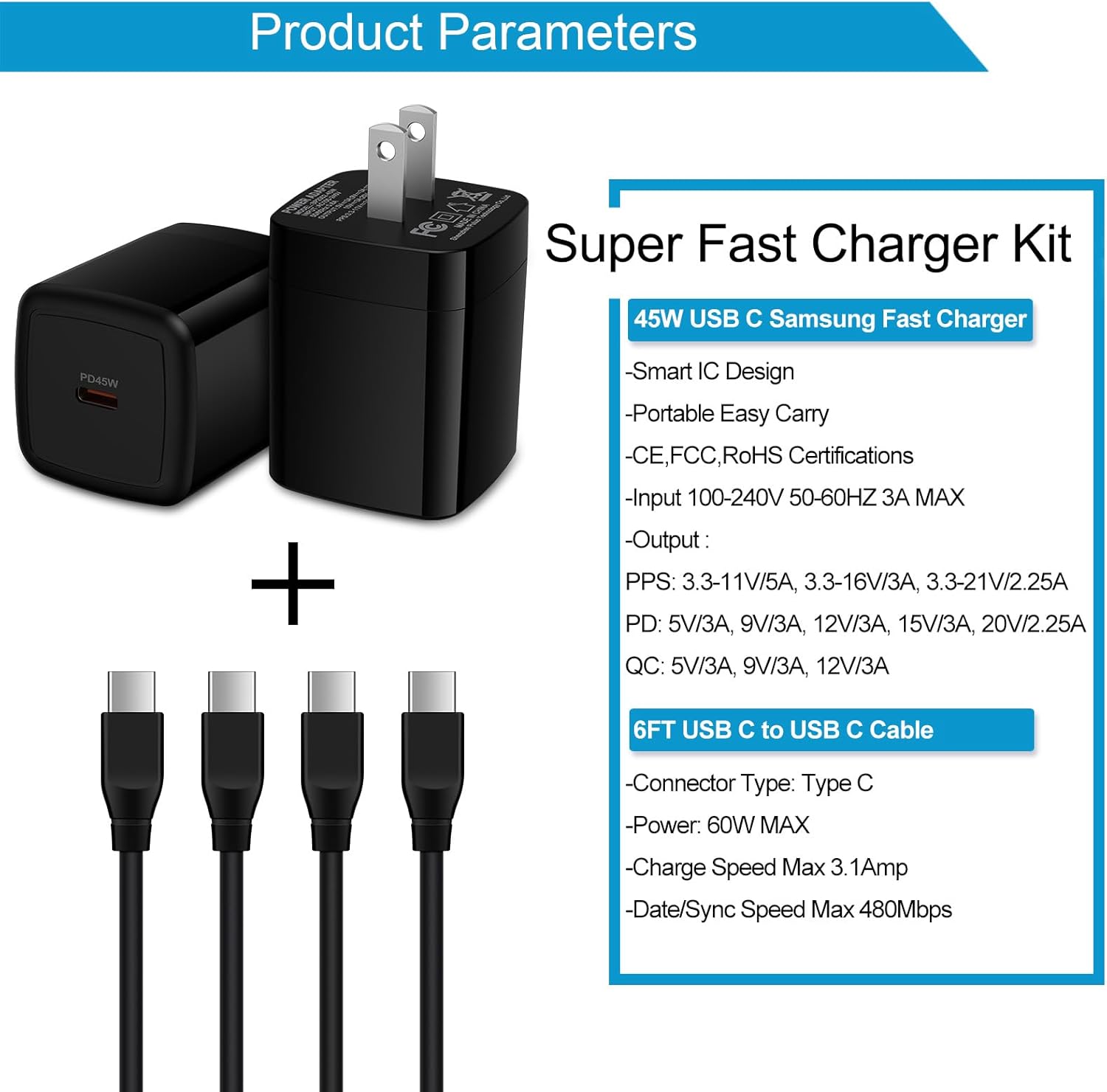 45W Samsung Galaxy S24 Ultra Cargador de carga súper rápida tipo C Android cargador de teléfono con cable tipo C de 6 pies para Samsung Galaxy S24