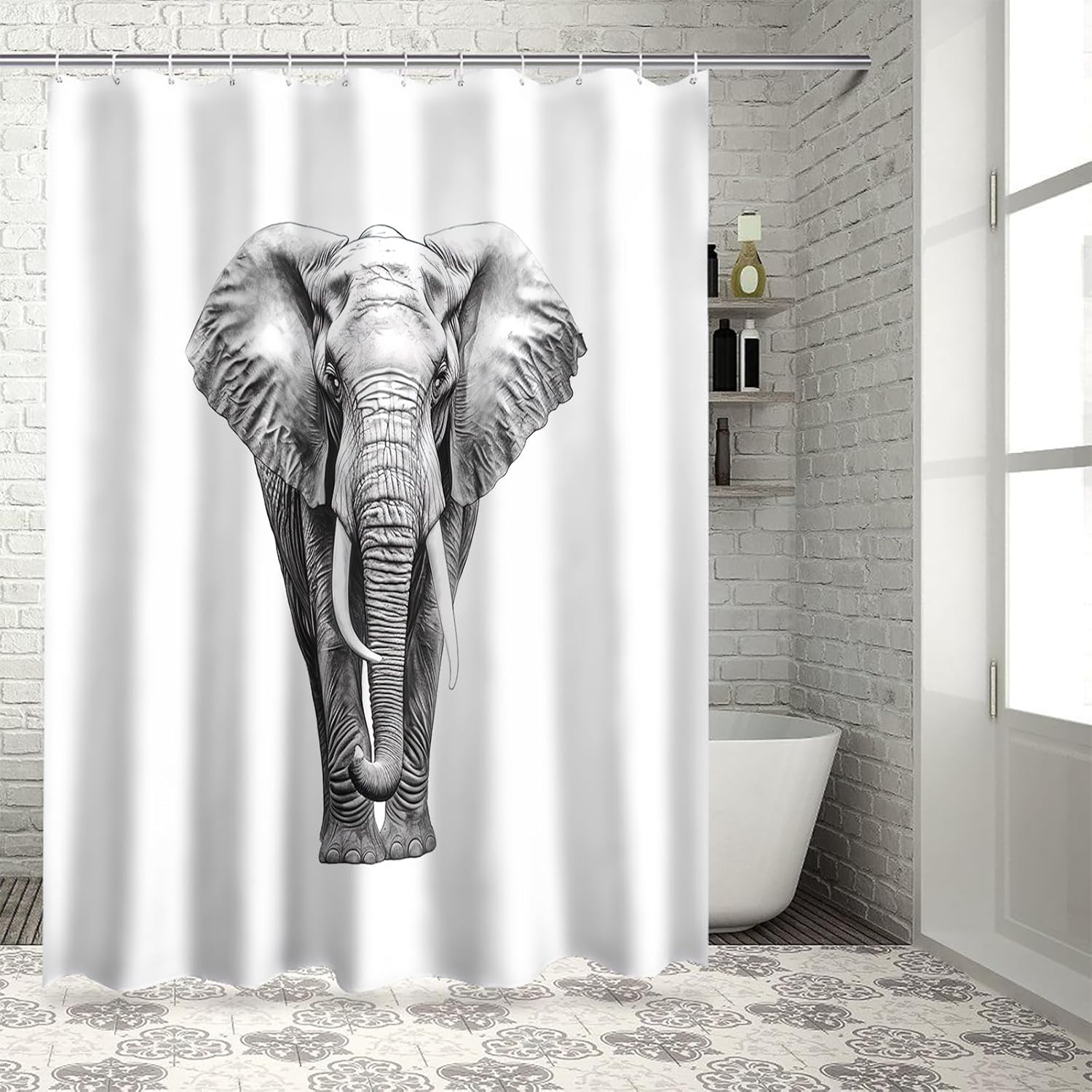 Juego de cortinas de ducha impermeables con 12 ganchos, diseño de elefante de 72 x 72 pulgadas, cortina de ducha para decoración de baño para