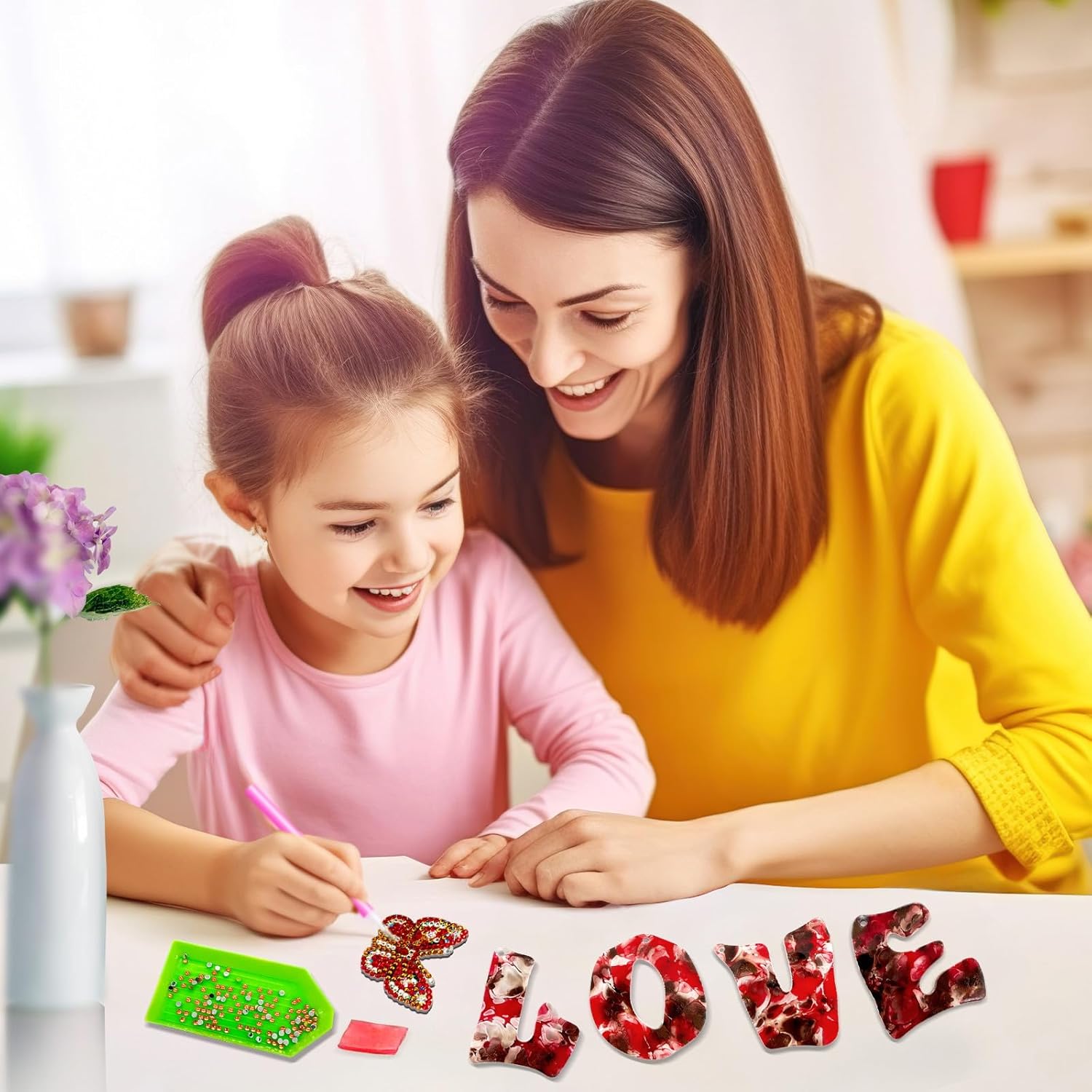YOYA Llavero de pintura de diamante de mariposa, llavero de letra inicial para mujeres y niñas, bricolaje de doble cara de taladro completo de