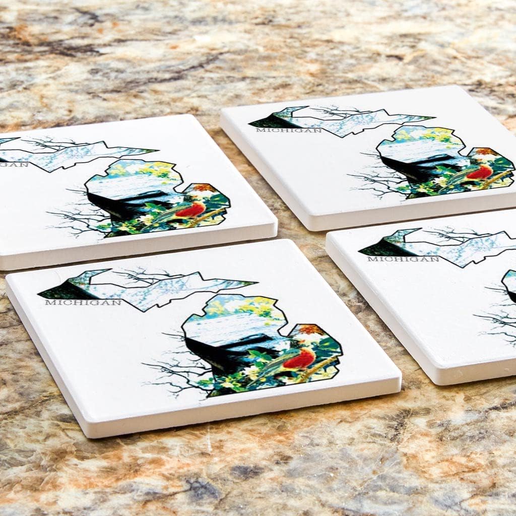 Michigan Coaster, Joyride Home Decor 4 posavasos de cerámica, posavasos cuadrados de 4 pulgadas, juego de 4, parte trasera de corcho antideslizante,