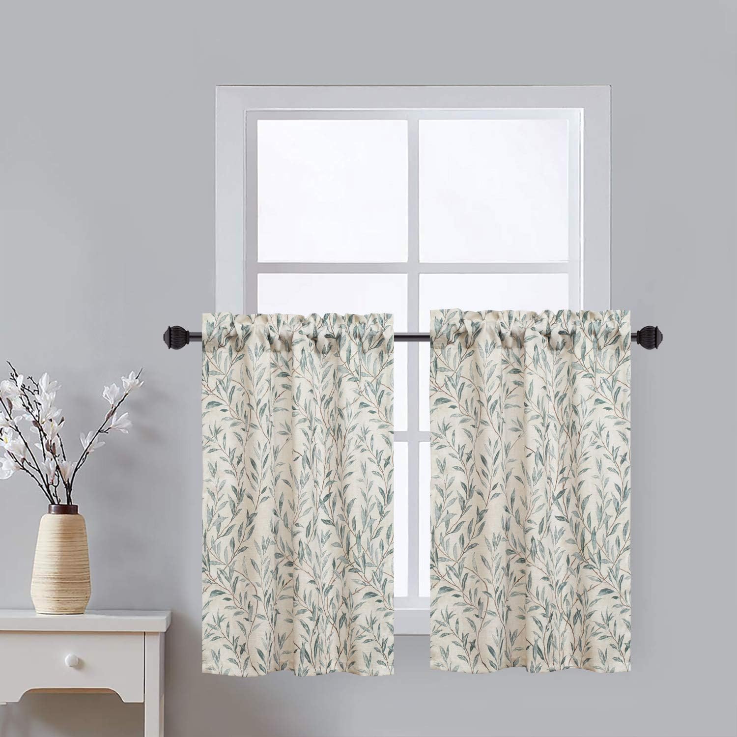 VOGOL Cortinas de ventana de 36 pulgadas, cenefas con estampado de hojas para cocina, bolsillo superior, medio nivel de cortina para habitación de