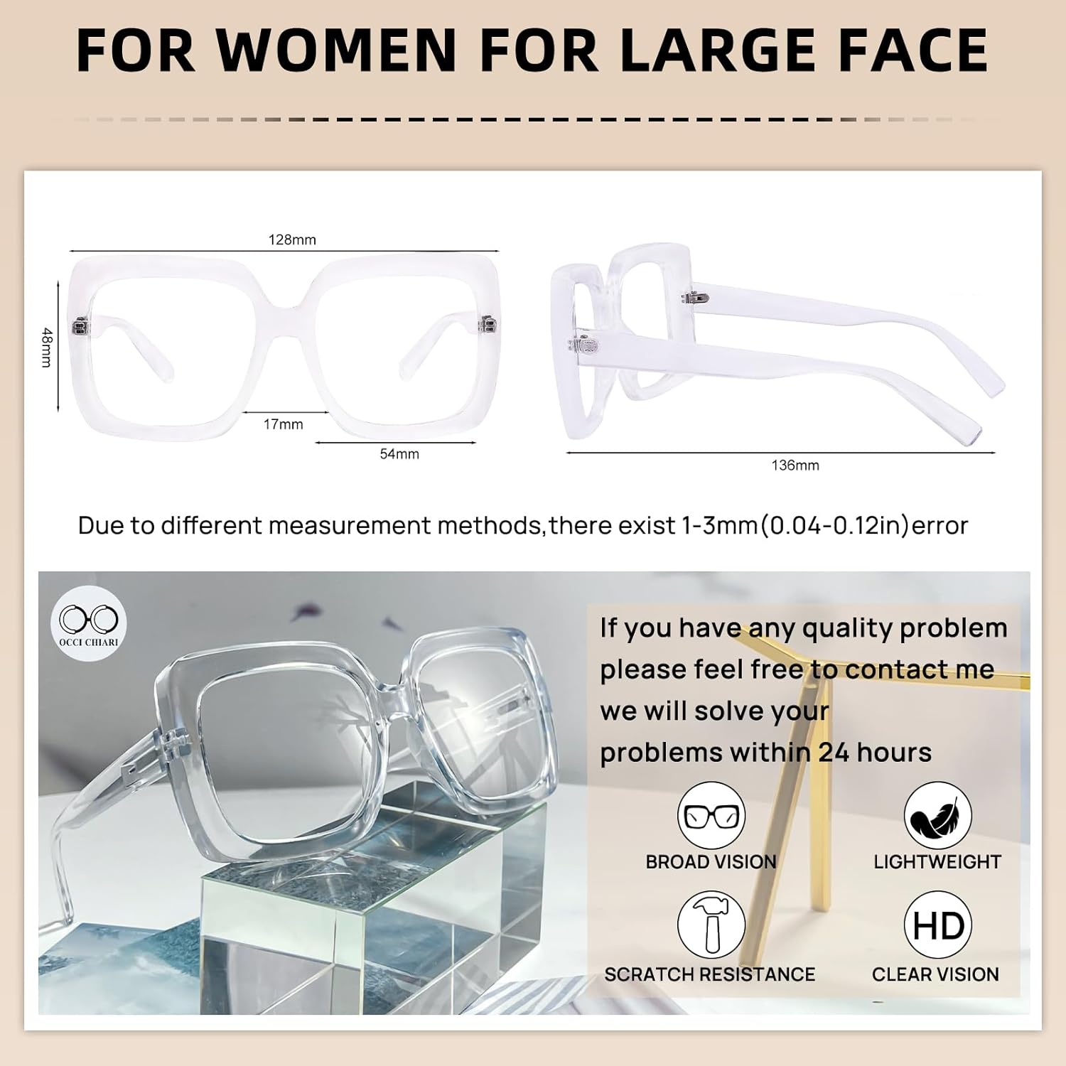 OCCI CHIARI Lentes de lectura grandes limpios para mujer, lectores nerd 2.5x(1.0 1.25 1.5 1.75 2.0 2.25 2.5 2.75 3.0 3.5 4.0 5.0 6.0)
