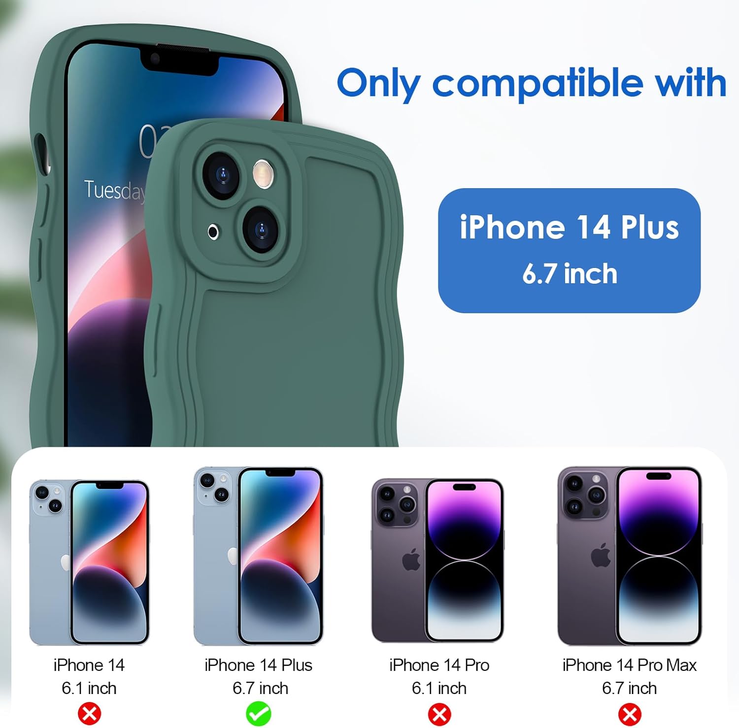 Anuck Funda para iPhone 14 Plus, diseño de marco rizado para mujeres y niñas, bonita funda de teléfono estética ondulada de color sólido, suave,