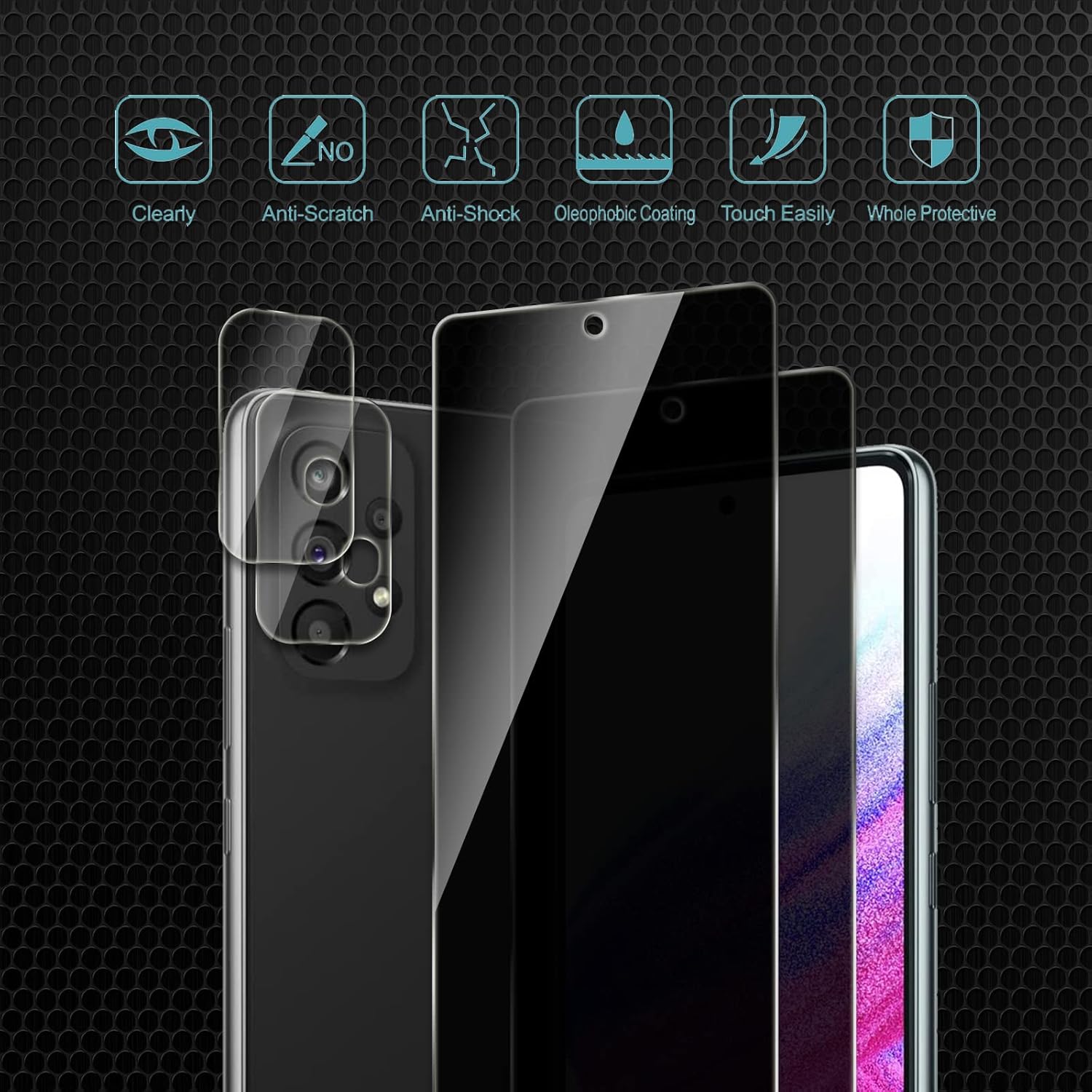 CHRINECY Paquete de 4 protectores de pantalla de privacidad compatibles con Samsung Galaxy A53 con 2 protectores de lente de cámara, dureza 9H,