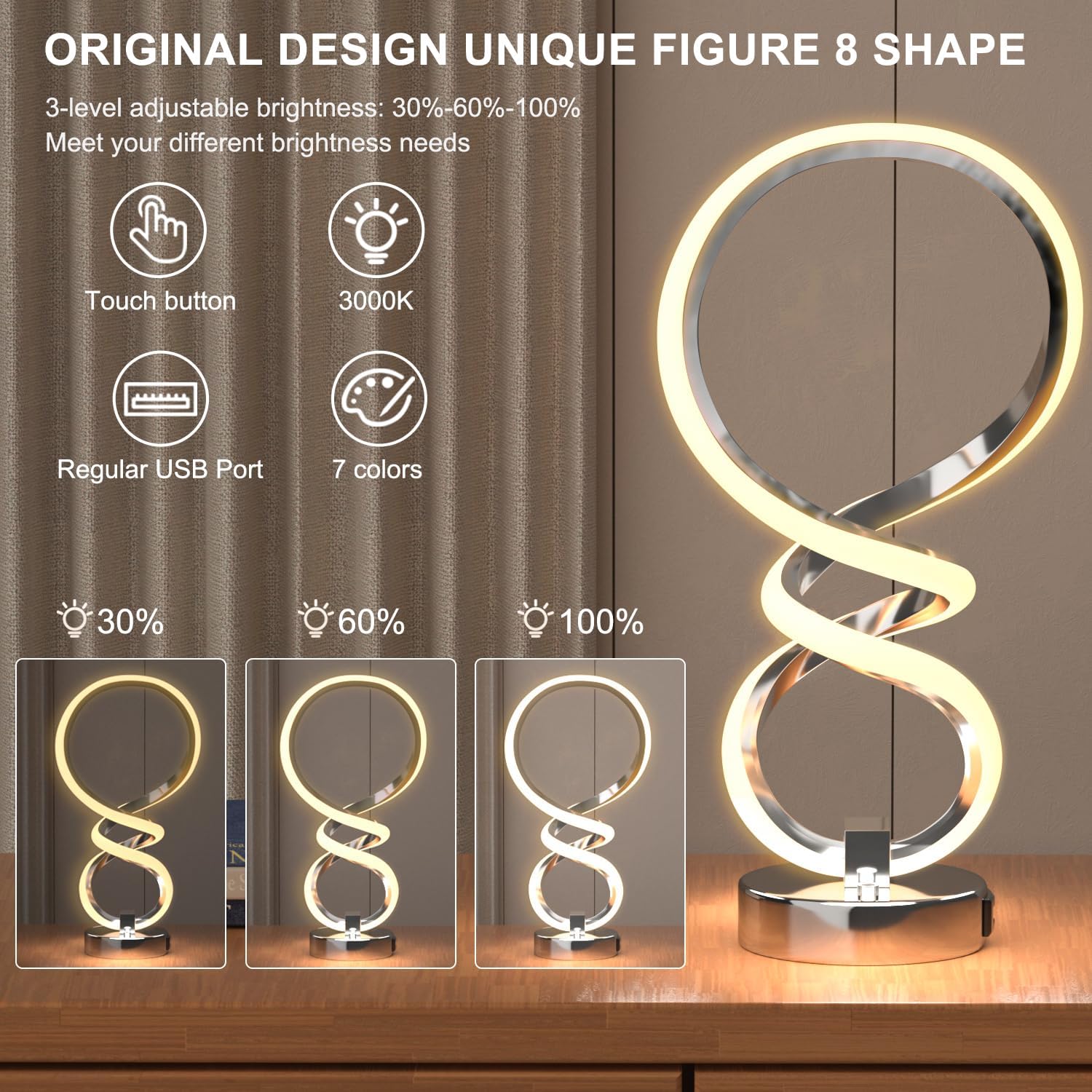 Moderna lámpara de mesa RGB en espiral, 7 colores y 10 modos de luz, lámpara LED regulable táctil con puerto de carga USB, lámparas decorativas