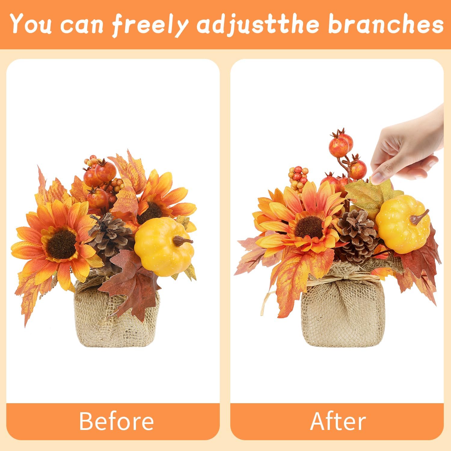 2 piezas de decoración de otoño para el hogar, plantas falsas en maceta de otoño con calabaza artificial girasol y hoja de arce, bayas y pino, ramo