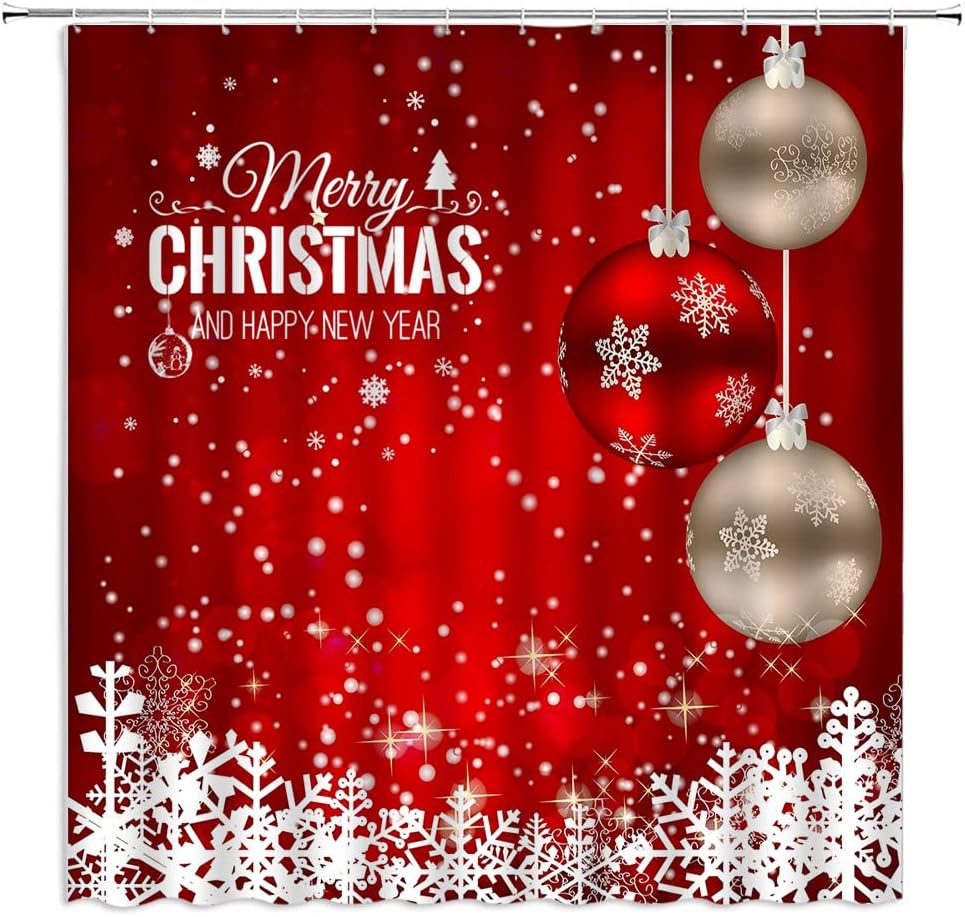 Cortina de ducha de bolas de Navidad, bola de Navidad roja y dorada, copo de nieve blanco, vacaciones de invierno, festival de temporada, decoración