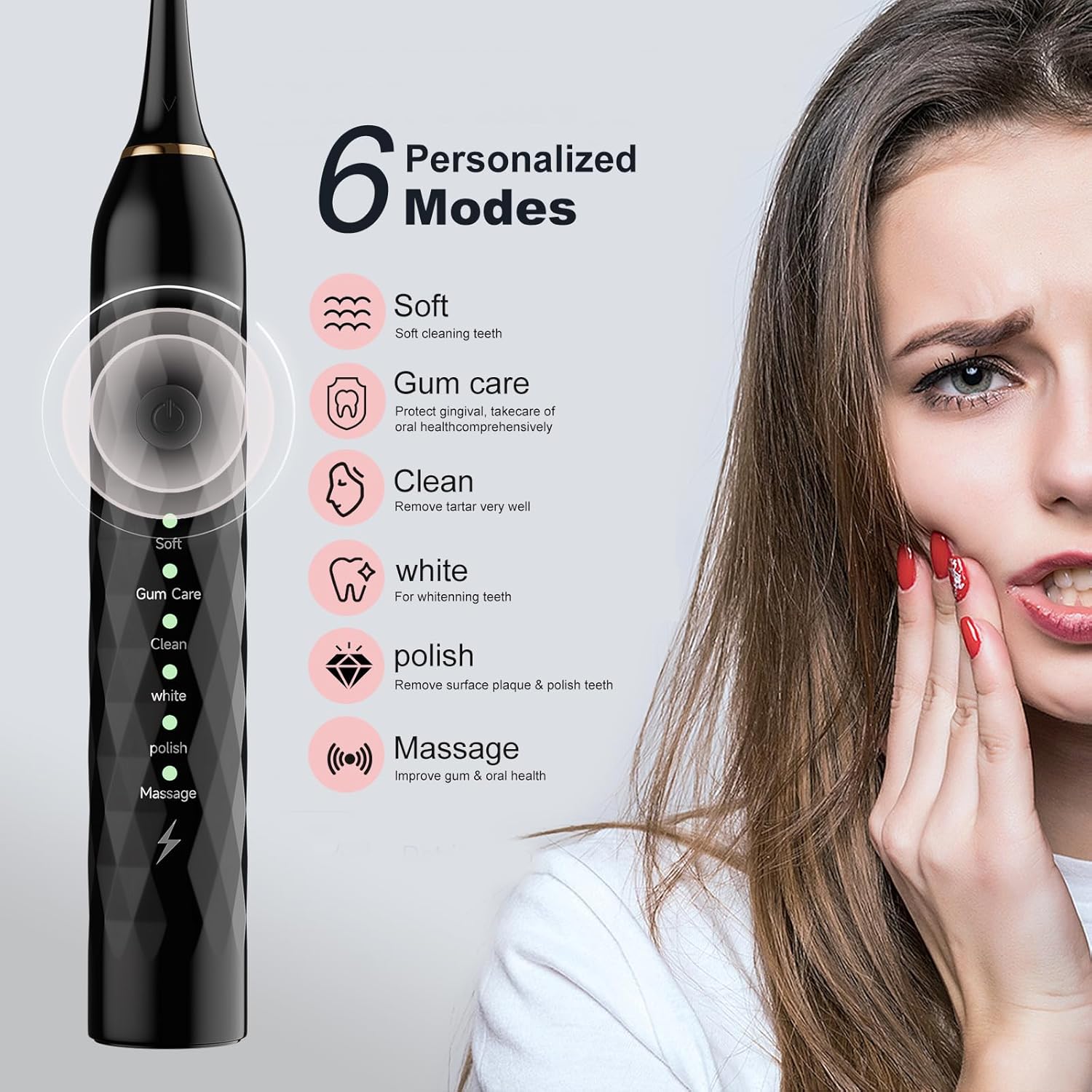 Cepillo de dientes eléctrico para niños con soportes para cepillos de dientes, paquete de 2 cepillos de dientes sónicos con 10 cabezas, 6 modos,
