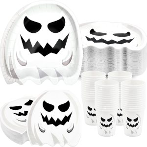 200 platos y servilletas de Halloween, suministros para fiesta, fantasma, papel desechable, cena, postre, aperitivo, cubiertos, juegos de vajilla 200 platos y servilletas de Halloween, suministros para fiesta, fantasma, papel desechable, cena, postre, aperitivo, cubiertos, juegos de vajilla
