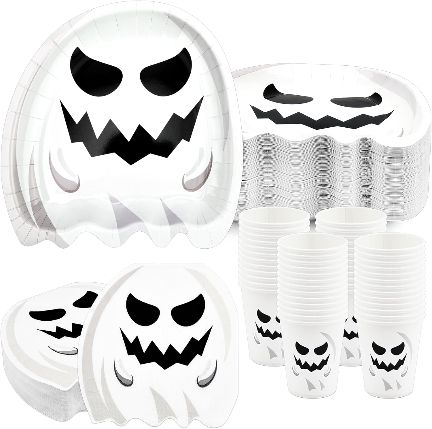 200 platos y servilletas de Halloween, suministros para fiesta, fantasma, papel desechable, cena, postre, aperitivo, cubiertos, juegos de vajilla