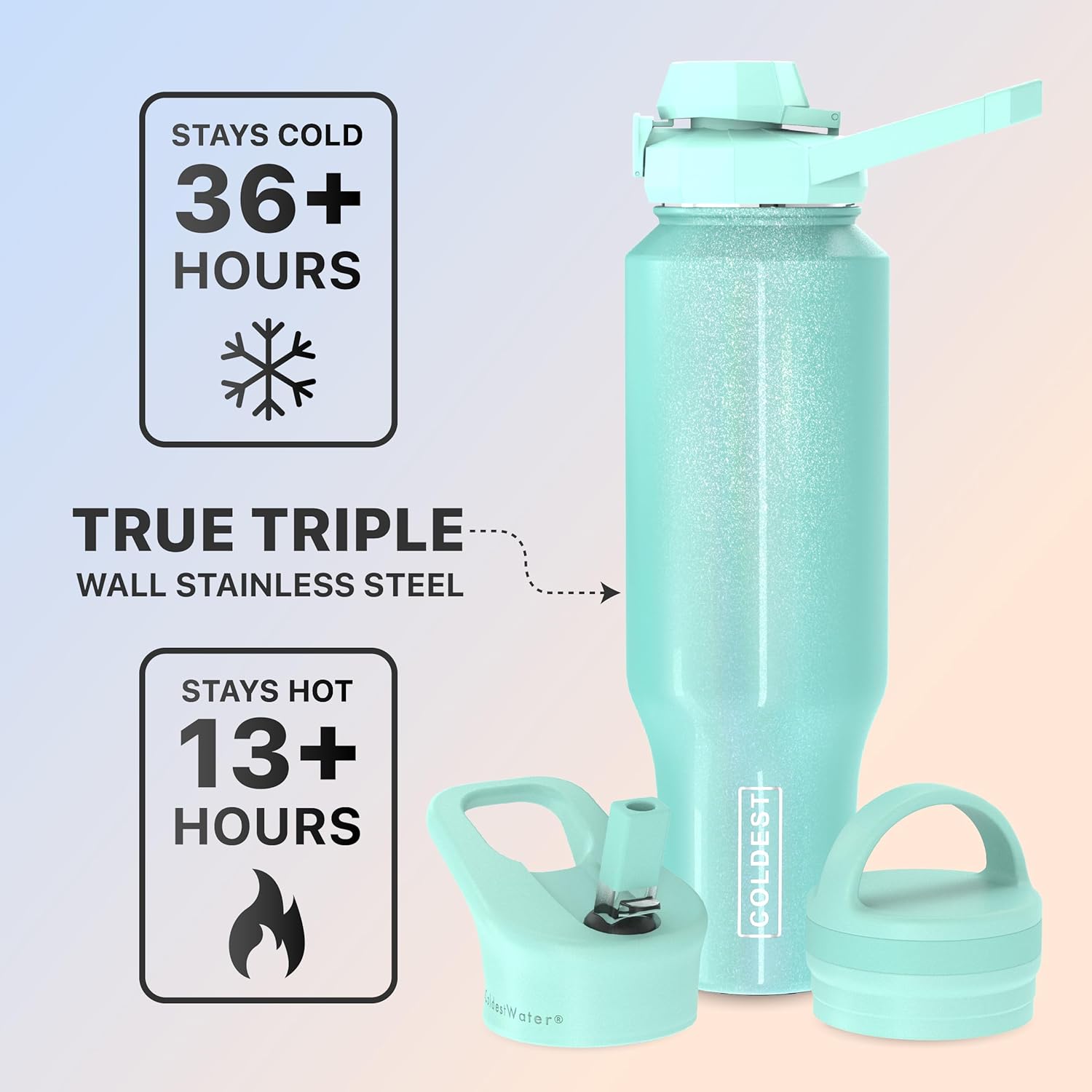 COLDEST – Botella deportiva de 3 tapas (con pico, con pitillo y con asa), vaso con aislamiento al vacío, de acero inoxidable, se adapta a la tapa