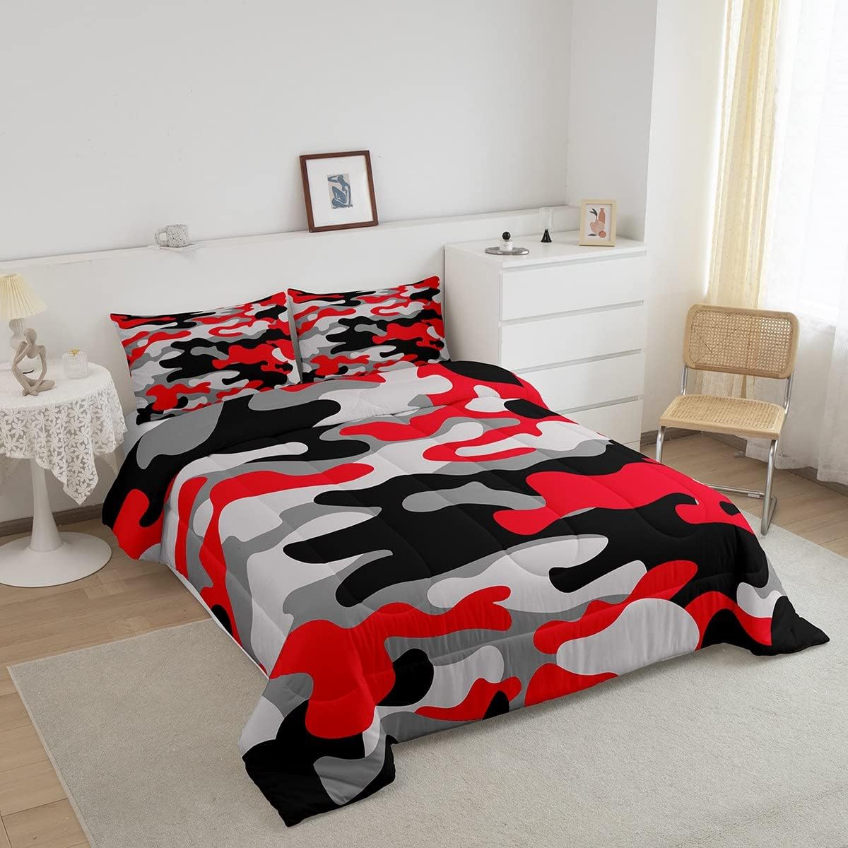 Juego de edredón de camuflaje de tamaño matrimonial, juego de ropa de cama de 3 piezas para niños, niñas y adolescentes, 1 edredón y 2 fundas de