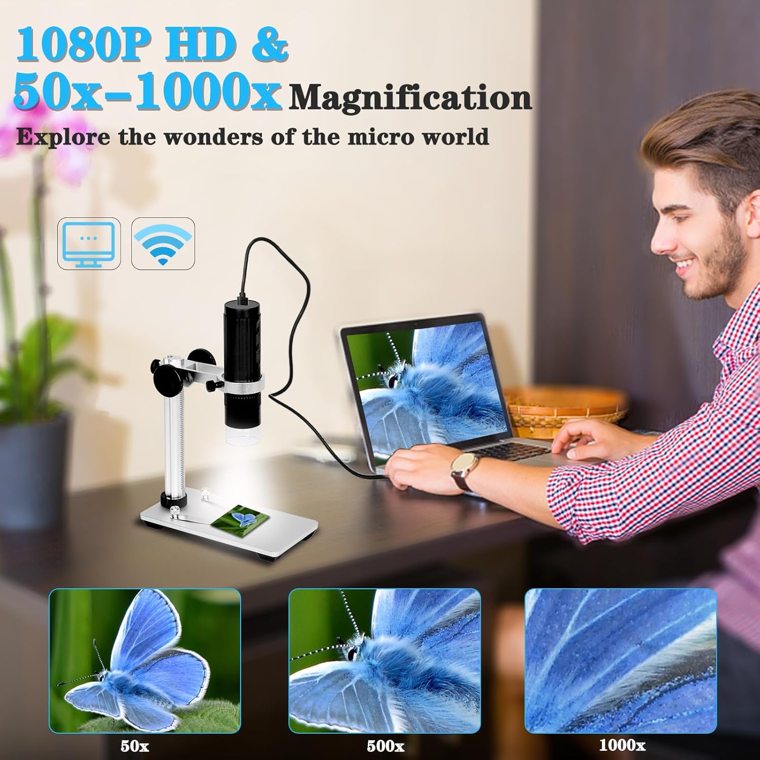 Microscopio digital inalámbrico, aumento 50X-1000X, cámara de microscopio USB de mano con soporte de actualización sin agitación, 8 luces LED