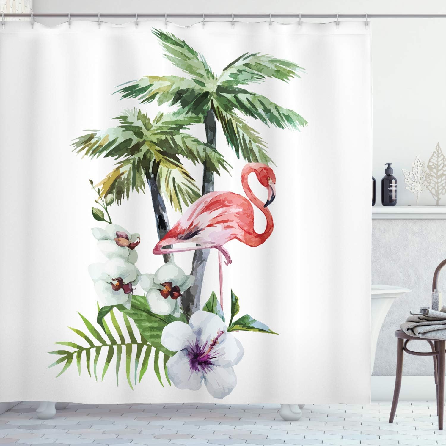Ambesonne Cortina de ducha de flamenco, composición de isla de acuarela, hojas exóticas de bosque e hibisco primavera en Hawaii, juego de decoración