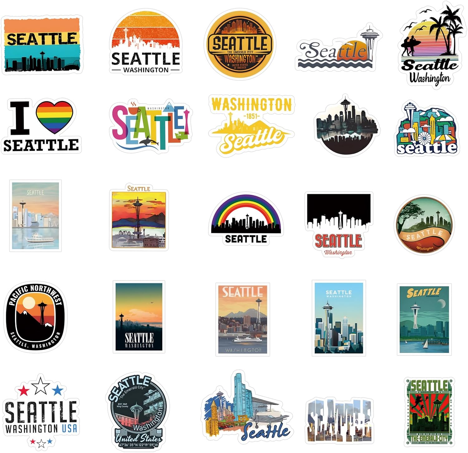 53 calcomanías de Seattle de vinilo impermeables para laptop, parachoques, patineta, botella de agua, computadora, teléfono, calcomanías de dibujos