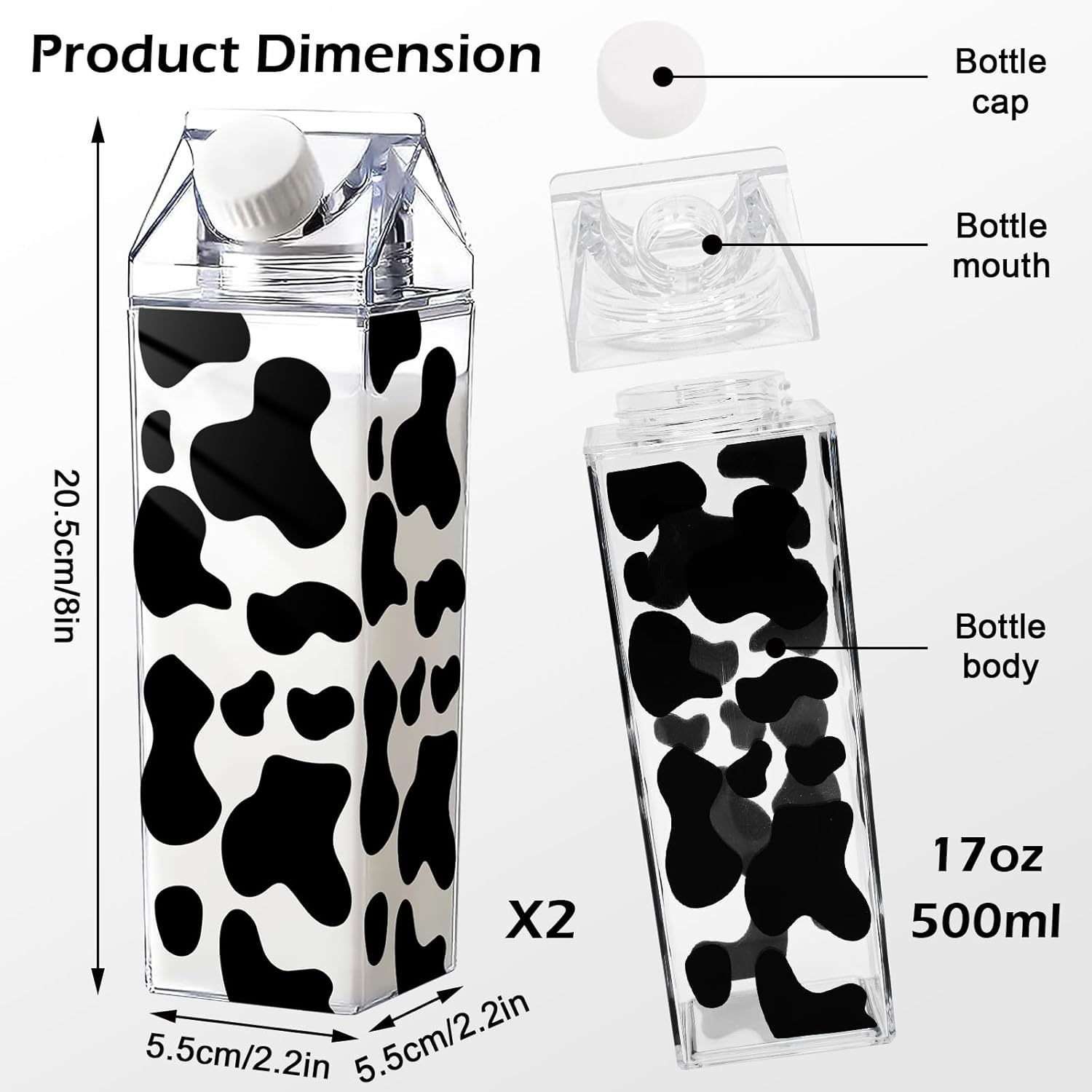 Whaline Paquete de 2 botellas de agua de cartón de leche con estampado de vaca, botellas de leche de plástico transparente de 17 onzas, botella de