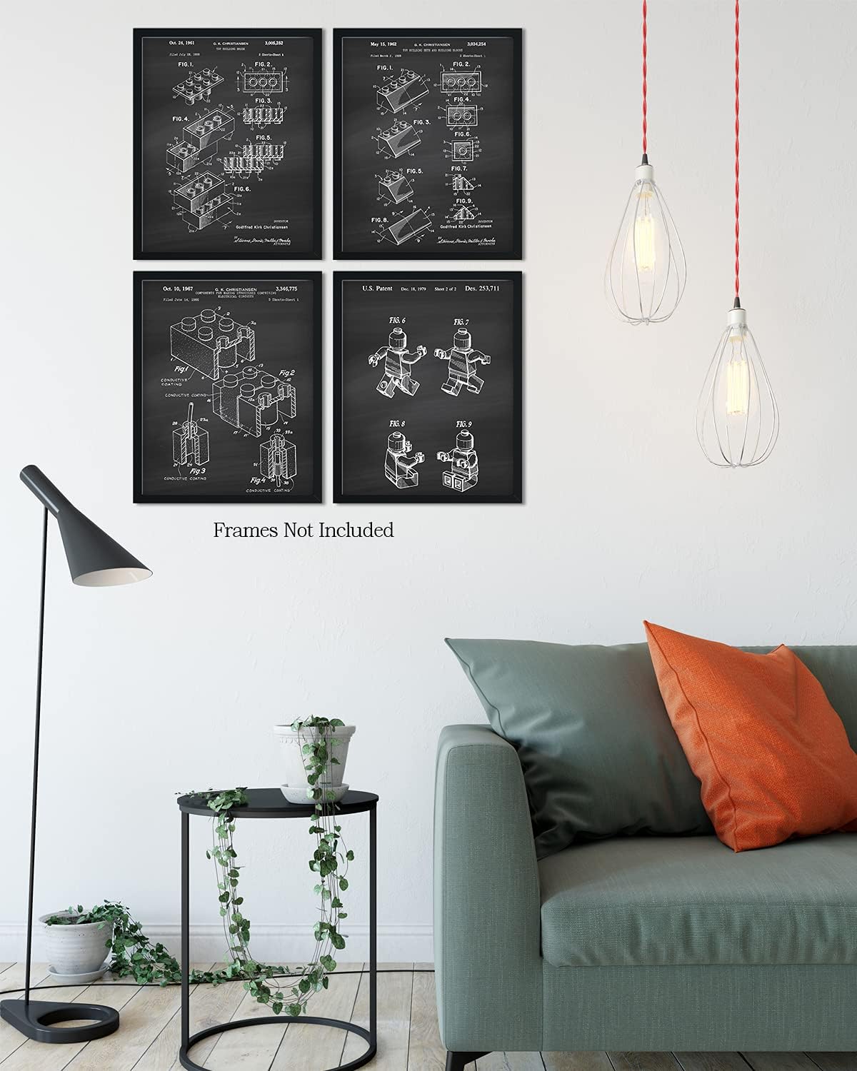 Govivo Legos Patent – Un conjunto de cuatro patentes de Lego – Impresiones decorativas de pared con fondos gris oscuro – ilustraciones sin marco