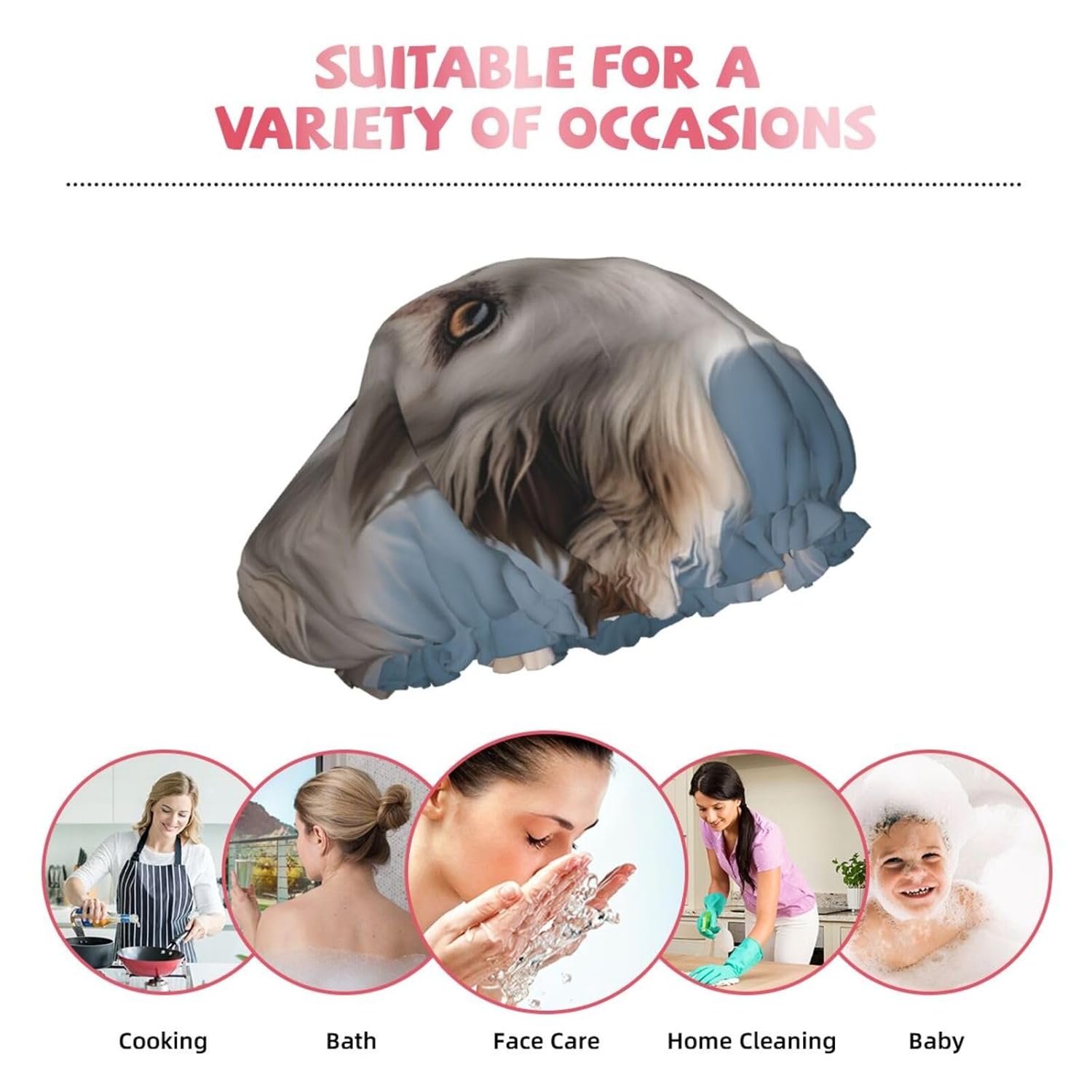 Big White Dog Shower Cap for Women Men Waterproof Hair Cap with Elastic Band Double Layered Bath Caps Reusable Bathing Shower Caps for all Hair Types