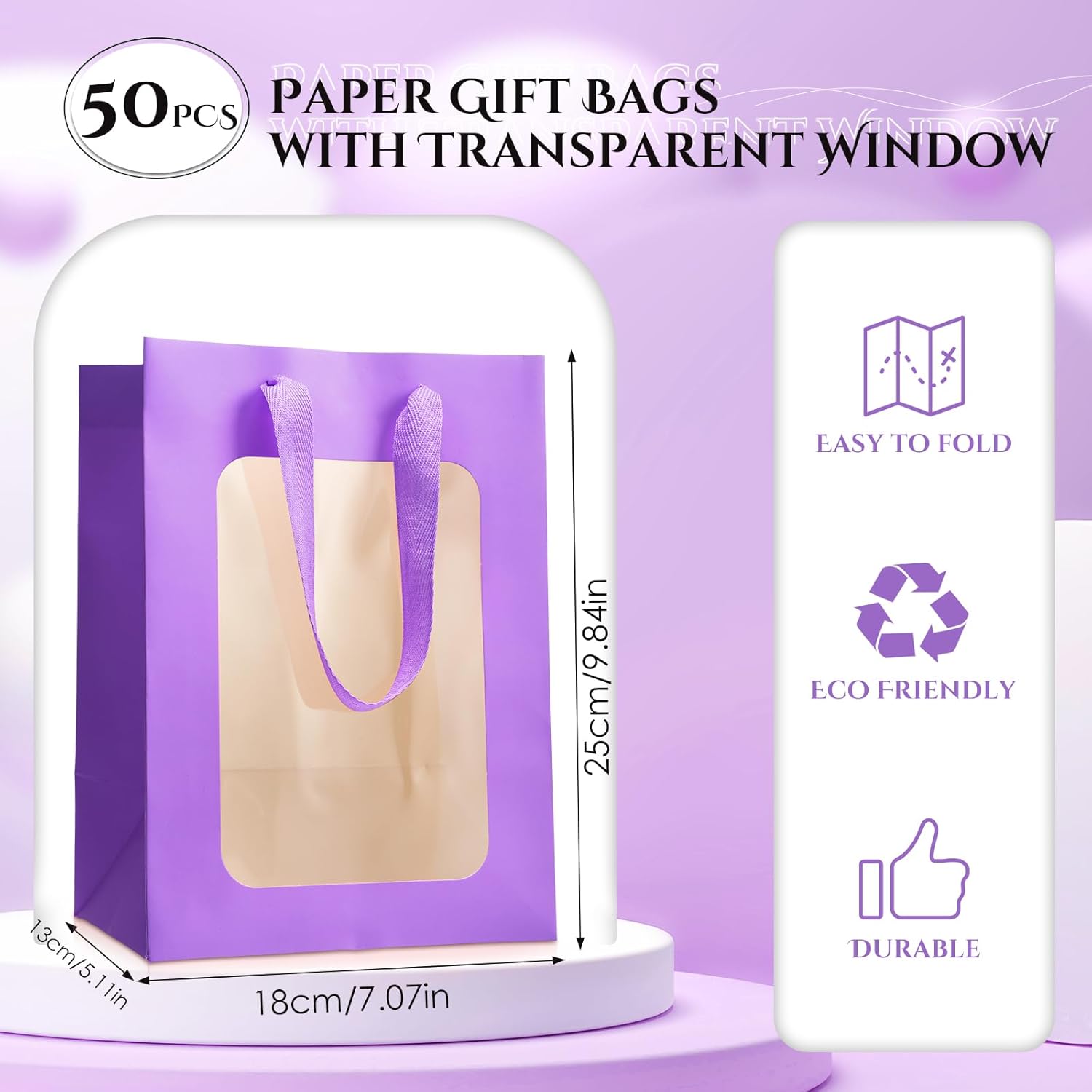 Reginary 50 bolsas de regalo de papel con ventana transparente, bolsa de regalo transparente de 9.8 x 7.1 x 5.1 pulgadas, bolsa de ramo de flores