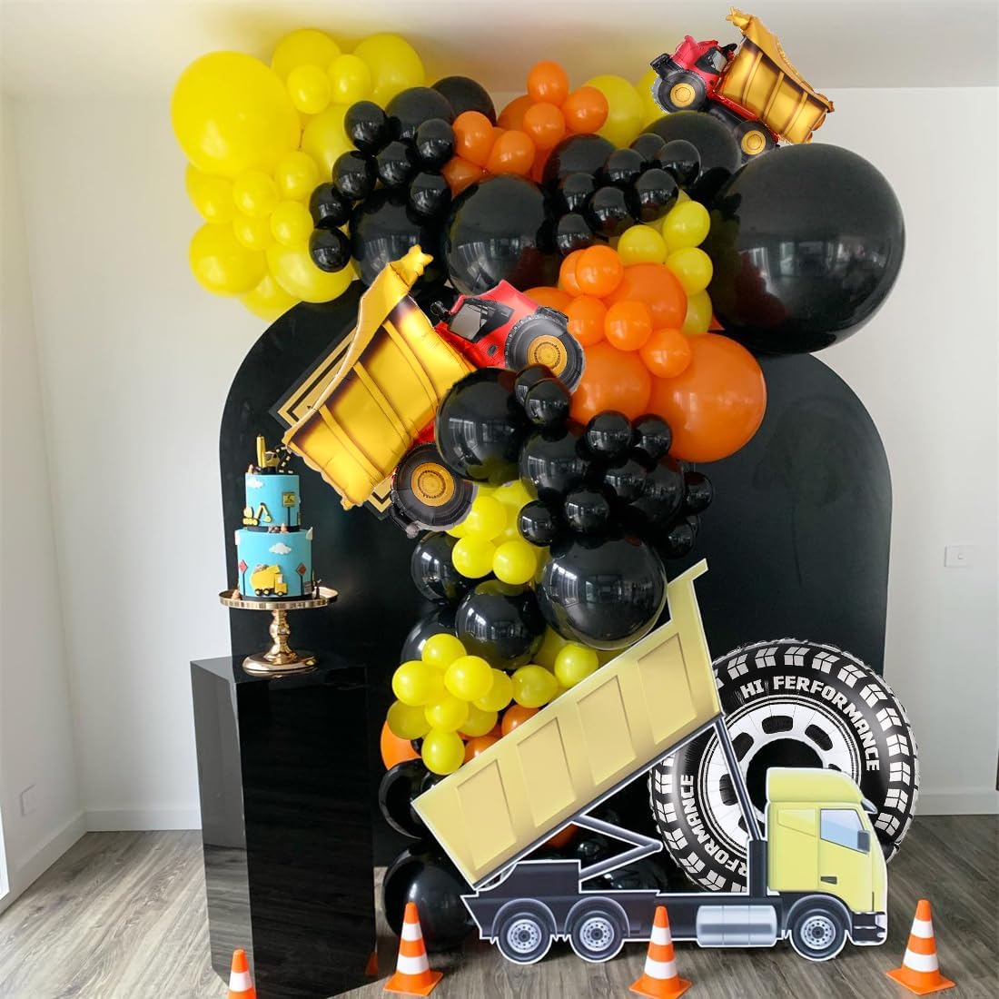 Kit de arco de guirnalda de globos de construcción de 134 piezas, globos de aluminio de rueda grande de camión, globos de aluminio negro, amarillo y