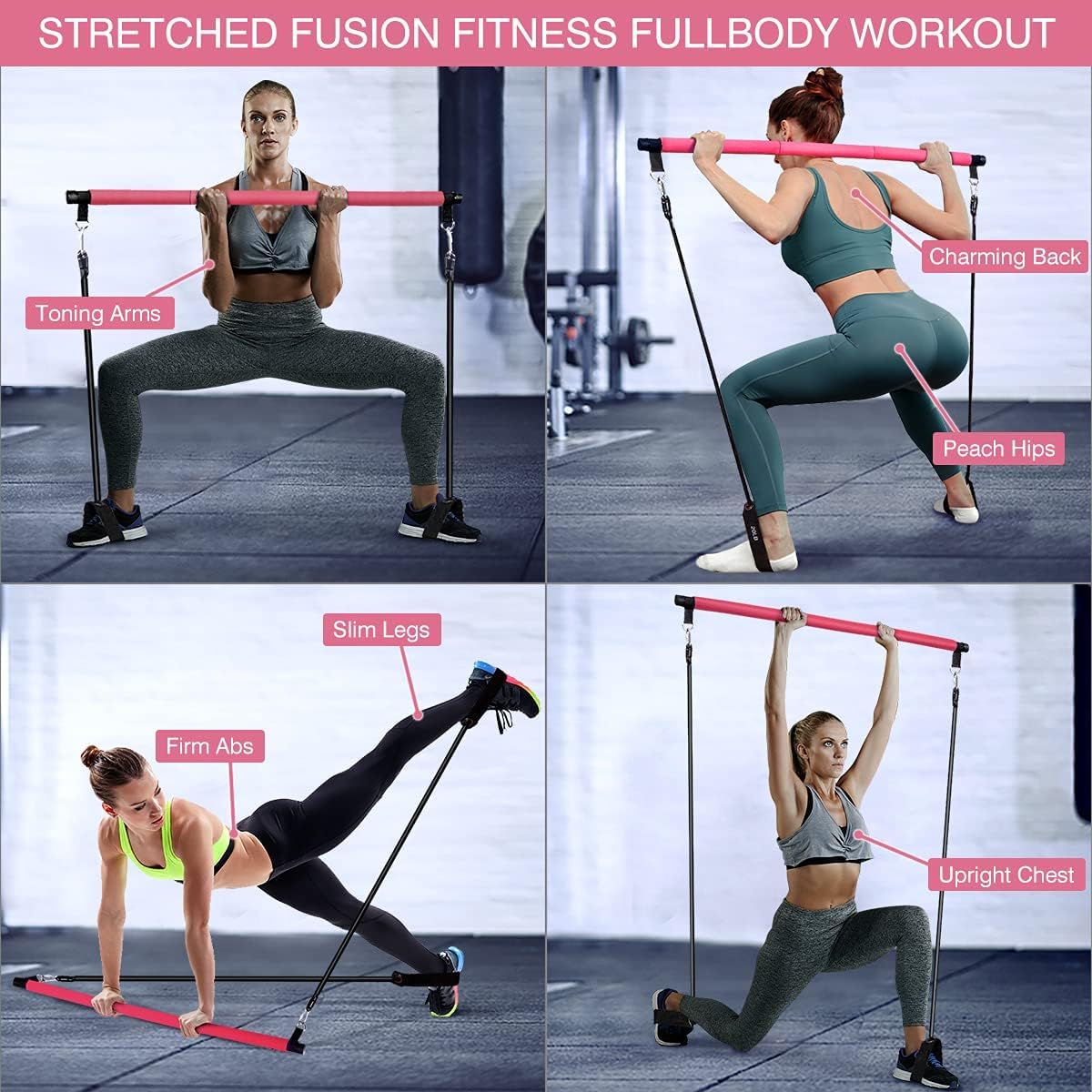 Kit de barra de pilates con bandas de resistencia (2 estándar y 2 fuertes), equipo de entrenamiento de gimnasio en casa para mujeres, barra de