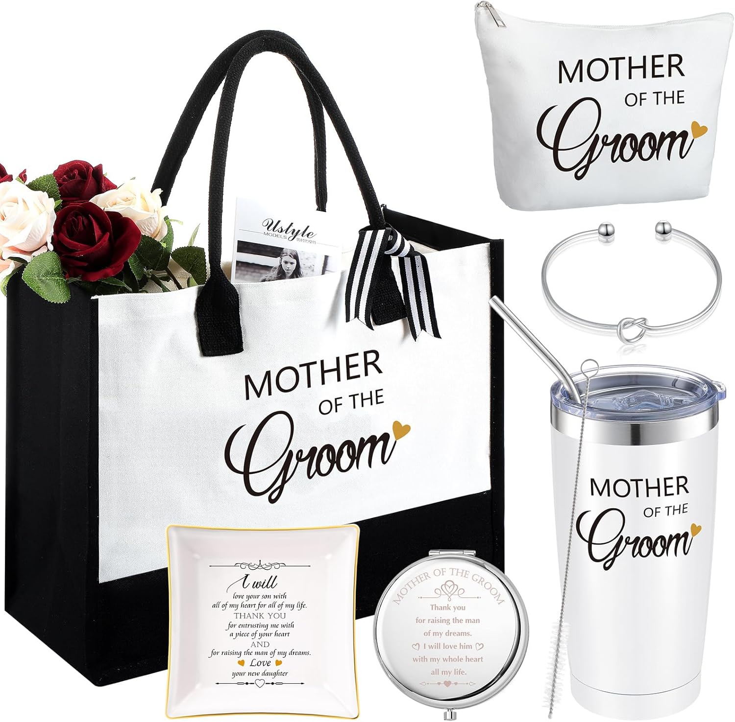 6 piezas de regalos para la madre del novio de parte de la novia, regalos de boda para suegra de 20 onzas, bolsa de lona, bolsa de maquillaje,
