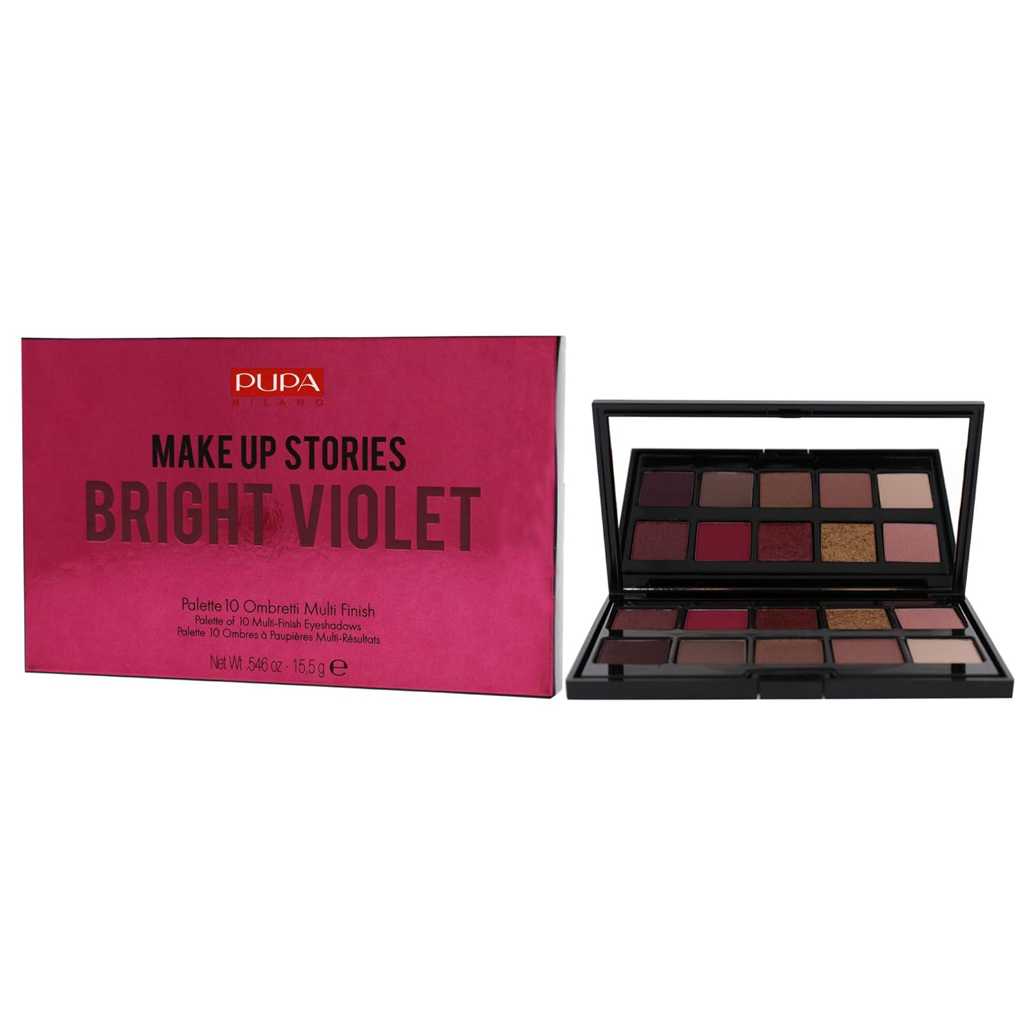 Pupa Milano Make Up Stories Paleta de sombras de ojos 003 Bright Violet – Colección de sombras de 10 sombras con opciones de color mate, satinado y
