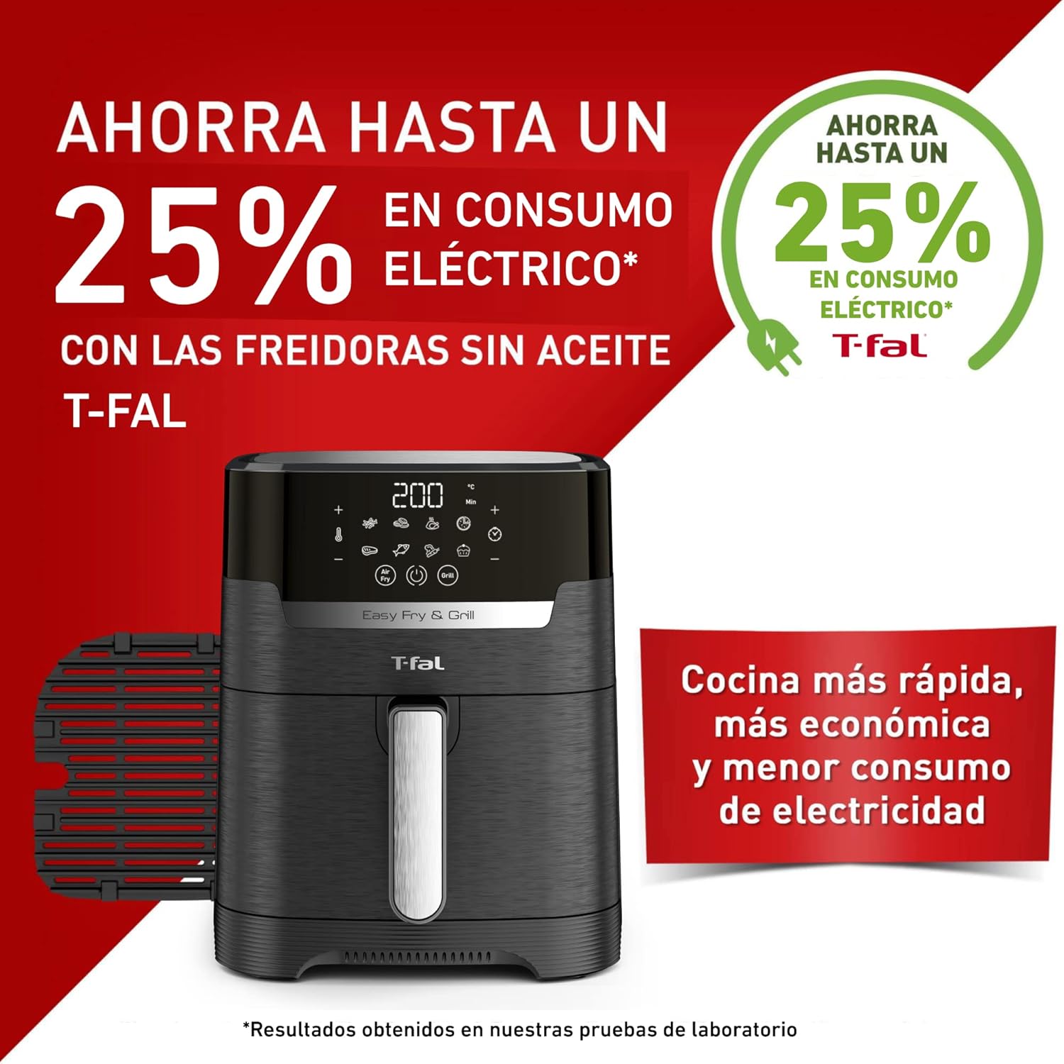 T-Fal Freidora de Aire con Parrilla Easy Fry & Grill con Antiadherente 4.2 L 1450 W Inoxidable EY505850, 8 programas automáticos