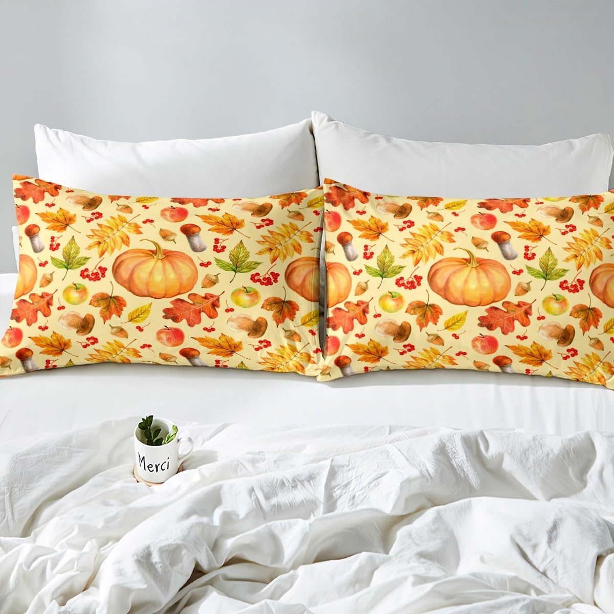 Juego de sábanas de calabaza otoñal para decoración del hogar, día de Acción de Gracias, setas, cosecha de otoño, juego de sábanas de hoja de arce