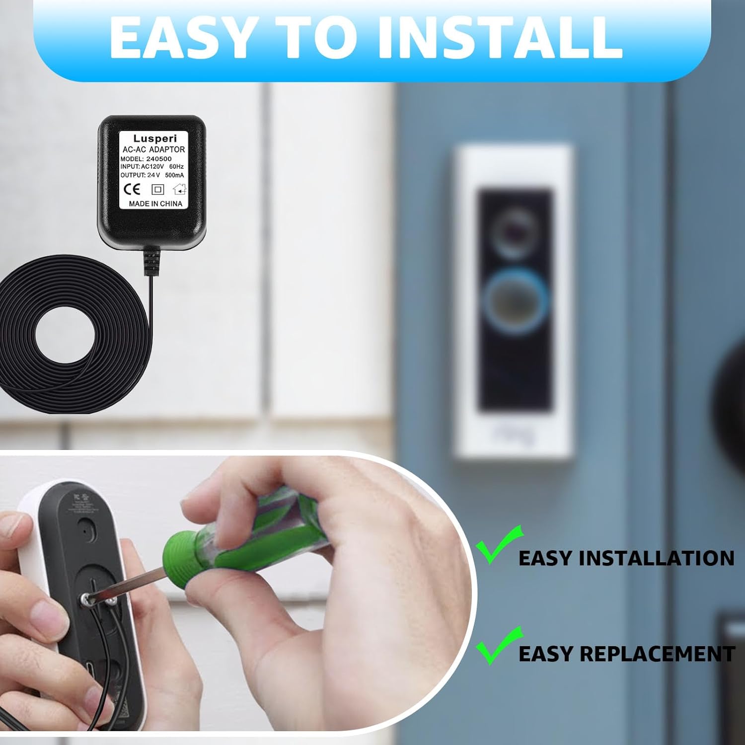 Transformador de timbre, adaptador de corriente para timbre de puerta de 24 V 500 MA, compatible con Ring, Wyze, Nest, Eufy, Arlo timbre de video