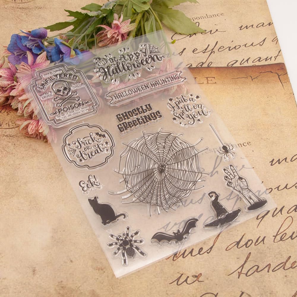 Arbuya Sello transparente de Halloween Sentiment para hacer tarjetas o diario de Halloween, telaraña, gato, murciélago, sellos de goma para álbumes