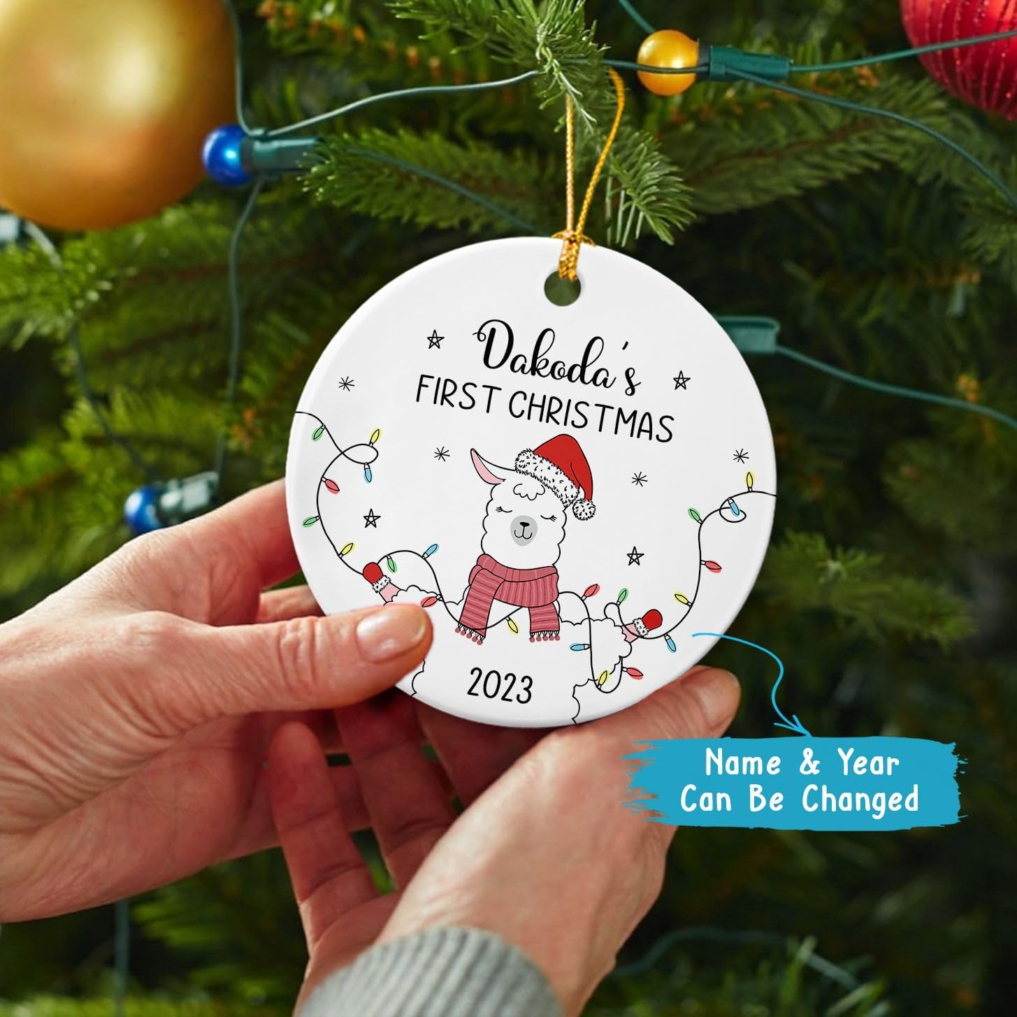 Adorno de Navidad para el primer bebé, adorno personalizado de llama de bebé, recuerdo de adorno de Navidad de cerámica para bebé, decoración