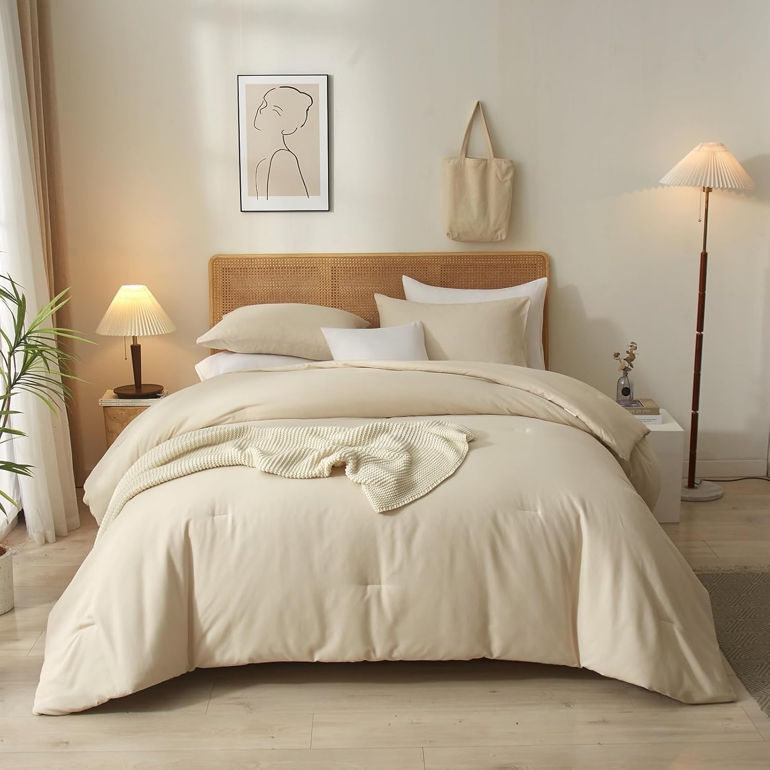 AMWAN Juego de edredón beige Queen Boho Beige Juego de ropa de cama de 3 piezas tamaño Queen, 1 edredón beige tostado con 2 fundas de almohada,