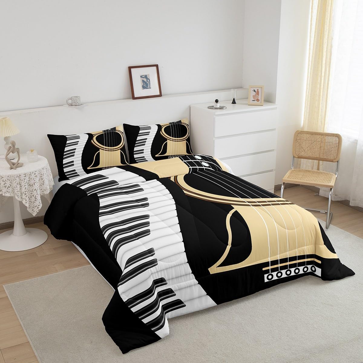 Erosebridal Juego de edredón de guitarra, tamaño Queen para niños y niñas, juego de ropa de cama con teclados de piano, juegos de ropa de cama