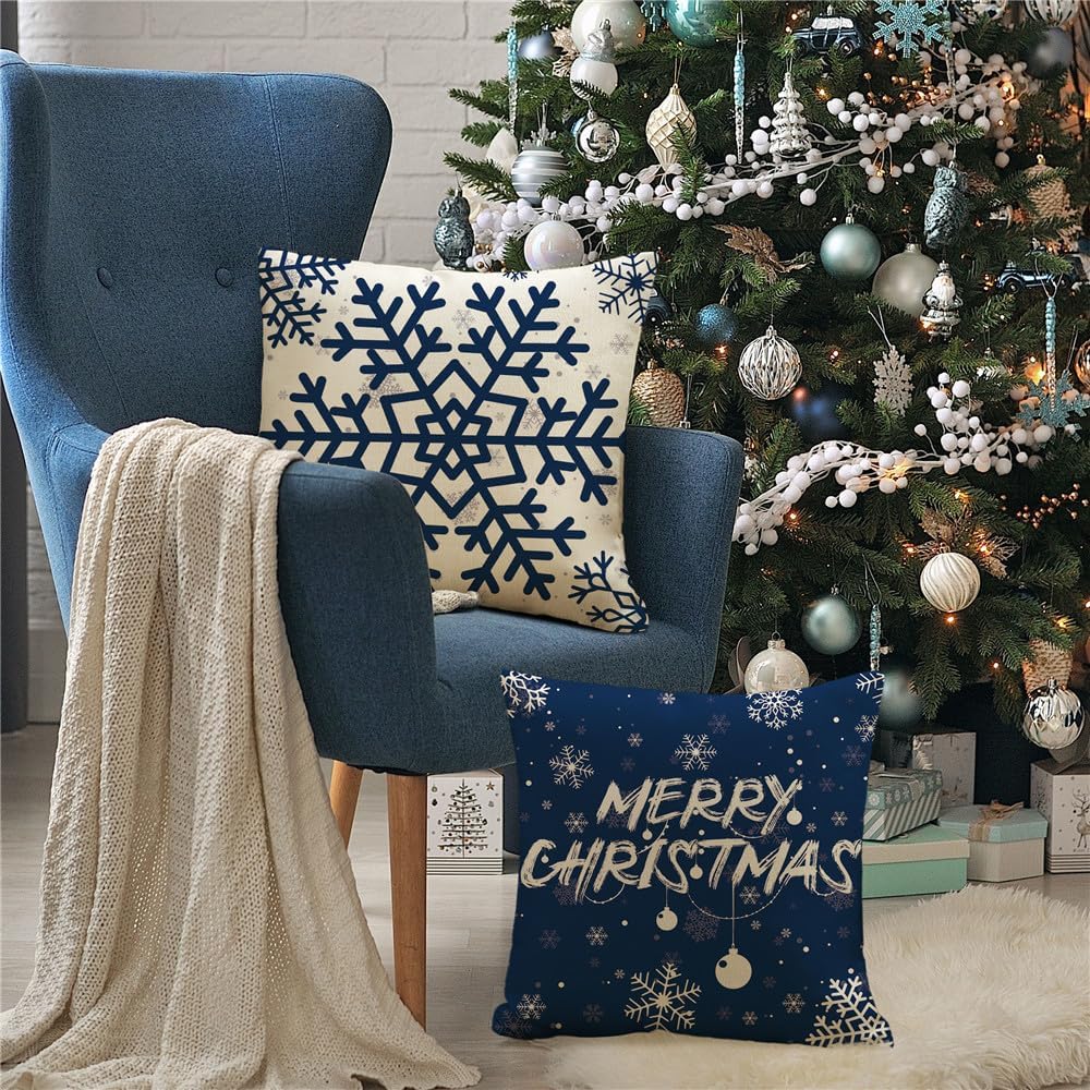 KISVODS Juego de 4 fundas de almohada navideñas de 18 x 18 pulgadas, decoraciones navideñas, fundas de almohada navideñas de lino rústico para sofá,