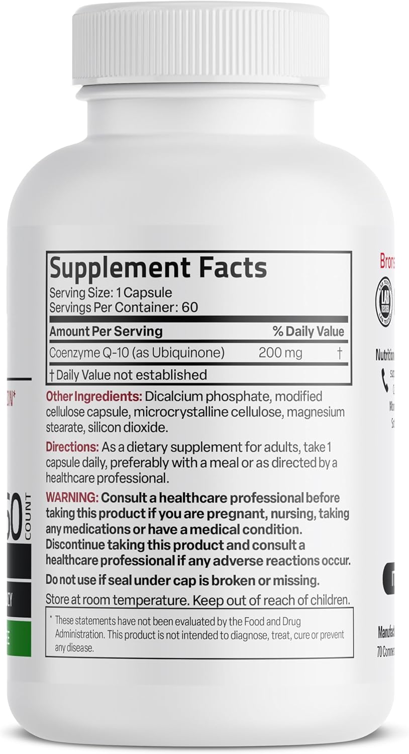 Bronson CoQ10 200 MG Producción de Energía Celular de Alta Potencia, 60 Cápsulas Vegetarianas