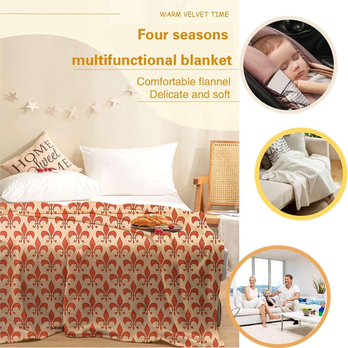 Manta de franela de vellón color naranja marfil, suave, ligera, cómoda manta de doble felpa para cama, sofá, viajes, patrón con estilo barroco real,
