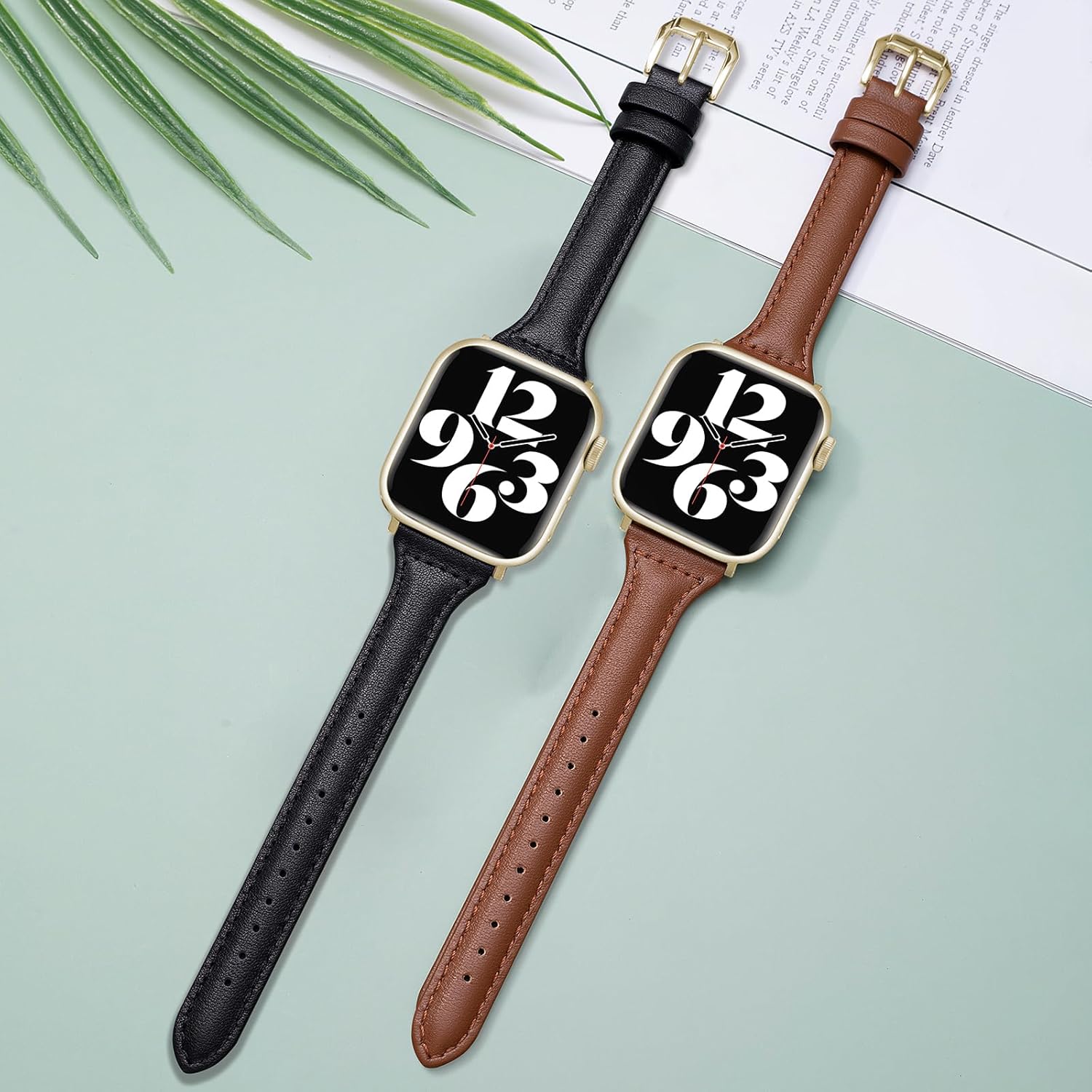Paquete de 2 correas delgadas de cuero genuino compatibles con Apple Watch Band de 1.496 pulgadas, 1.575 pulgadas, 1.614 pulgadas, 1.654 pulgadas,