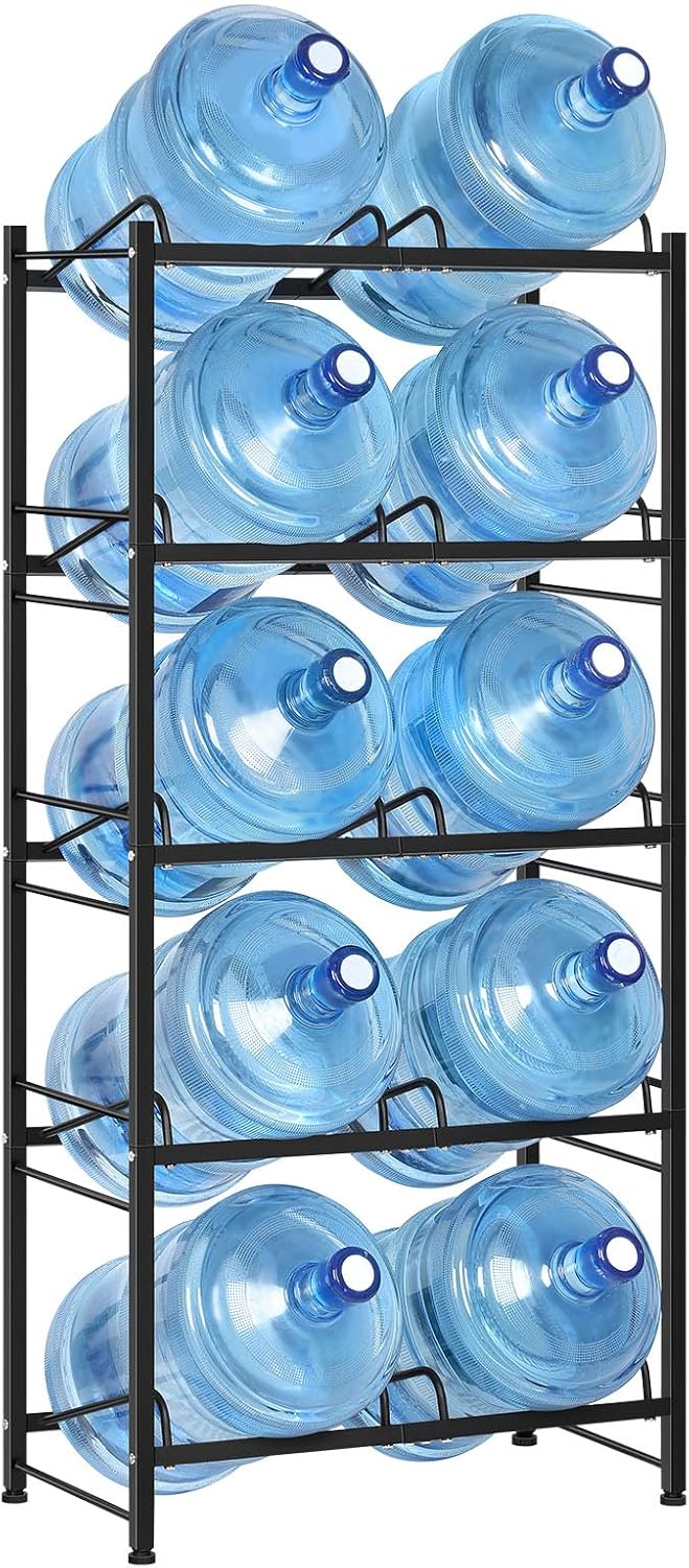Soporte para botellas de agua de 5 galones de 5 niveles, enfriador de agua con 10 ranuras, estante de almacenamiento de jarra de agua resistente