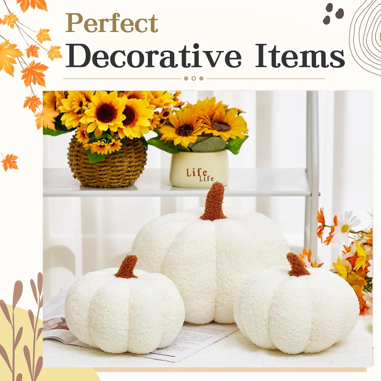 Calabaza de peluche de Halloween en forma 3D decorativa de Acción de Gracias almohada suave y linda, 11 pulgadas, 7 pulgadas (blanco, 3 piezas)