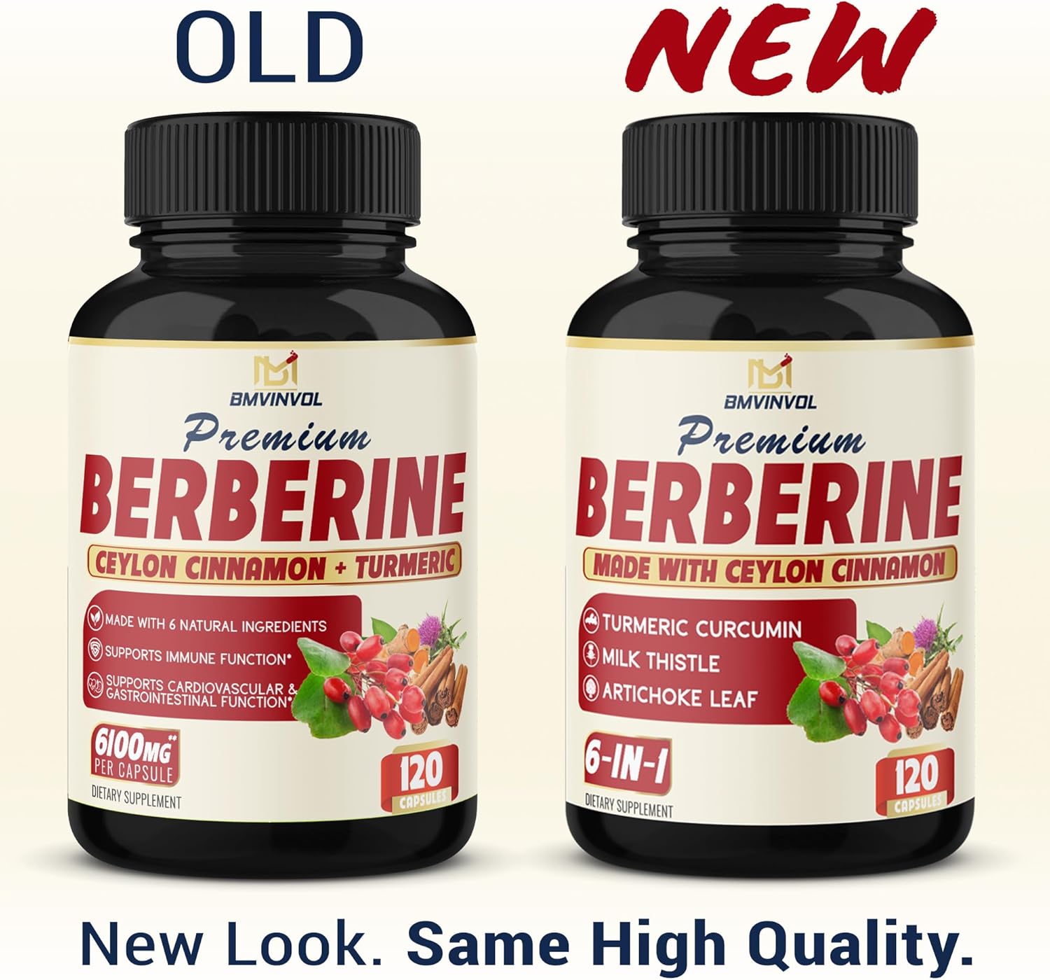 BMVINVOL Berberina HCl 6 en 1 equivalente a 6100 mg – 120 cápsulas – Más canela de Ceilán, cardo mariano, cúrcuma, alcachofa – Suplementos de raíz