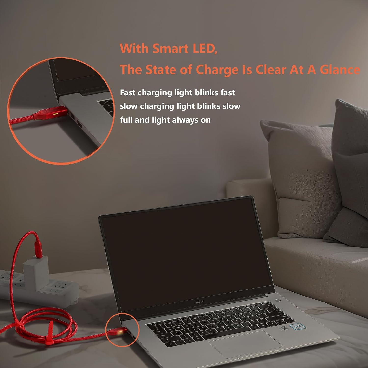 Cable USB-C a USB-C de 240 W de carga rápida, compatible con monitor Thunderbolt 3USB4PD8K, cable trenzado de 4.9 pies con indicador LED